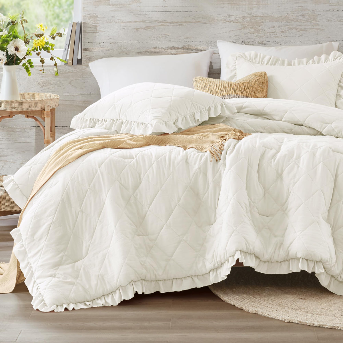Ivory White Ruffle Bedding Set, Shabby Chic Farmhouse Queen Size Comforter For Women, Boho Fluffy Cozy Washed Microfiber Full Be