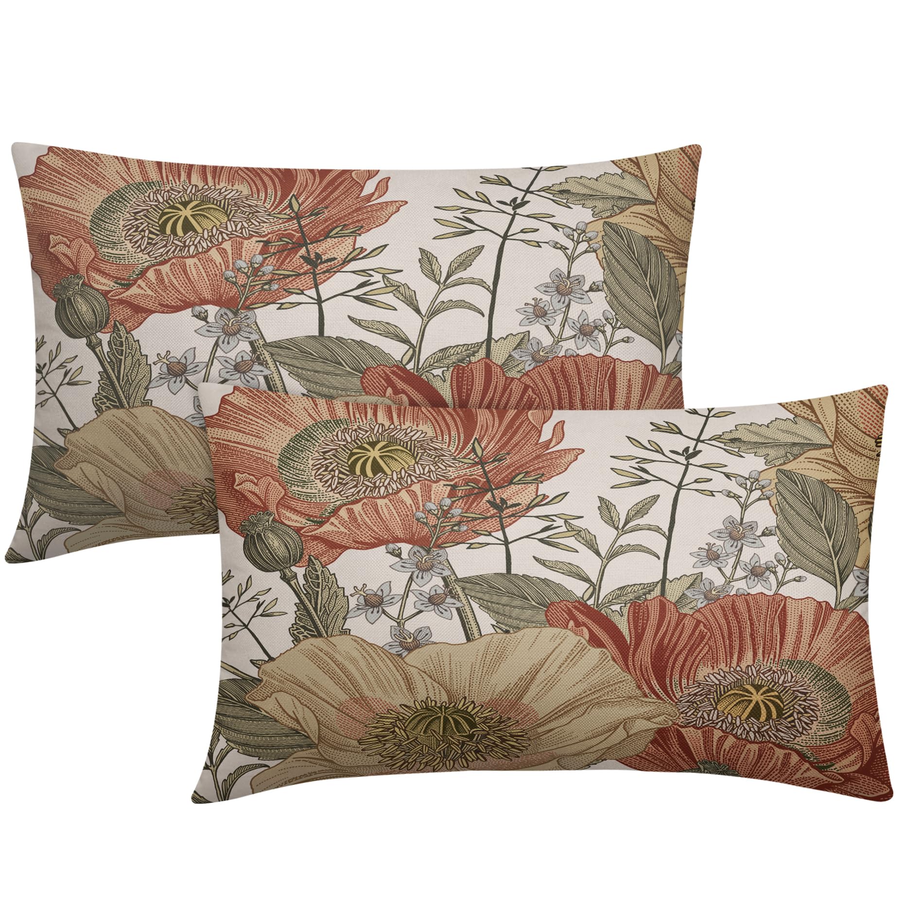 Vintage Floral Lumbar Pillow Covers 12X20 Botanical Rustic Flower Pattern Decorative Rectangular Throw Pillows Outdoor Linen Far