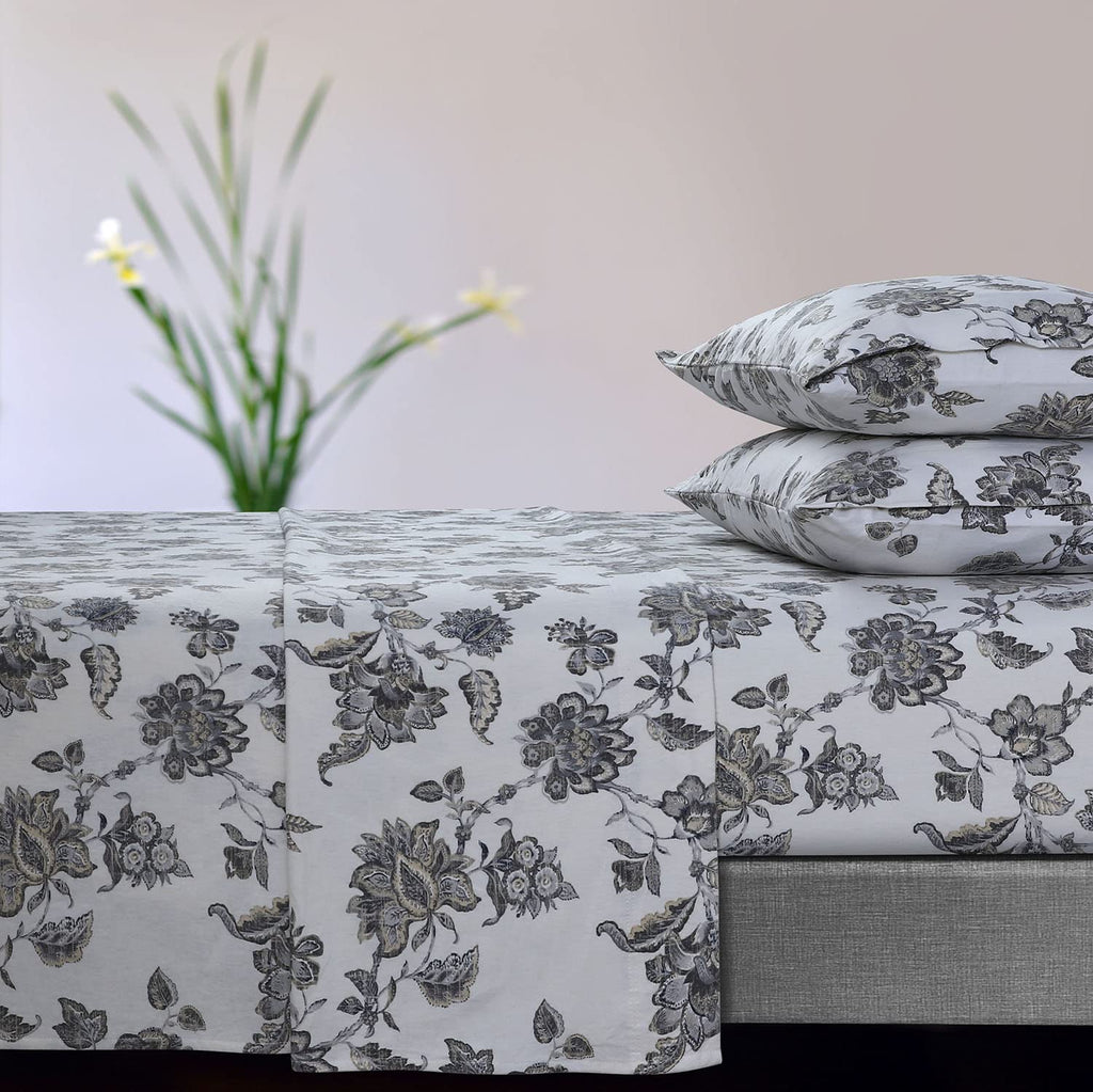 Tribeca Living Ultra-Soft Flannel Sheet Set, 170-Gsm Cotton, Deep Pocket, Cozy Winter Bedding - King, Red,Floral Deep Grey