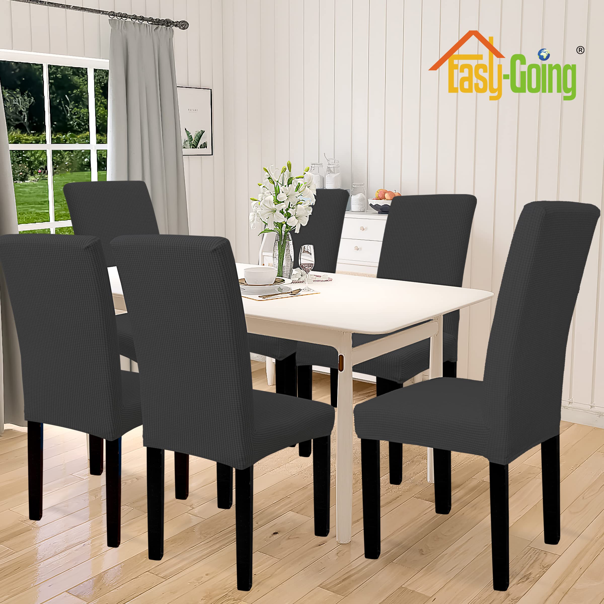 Easy-Going 100% Waterproof Dining Room Chair Cover Set Of 8, Stretch Jacquard Parson Chair Slipcover Removable Washable Chair Protector For Home, Restaurant, Banquet (Xlarge, Dark Gray)