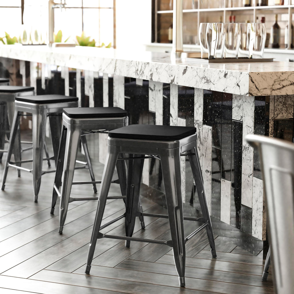 Flash Furniture Kai Commercial Grade Indoor-Outdoor Counter Height Stool - Black Metal Frame - Black Poly Resin Seat - 24' High - Backless