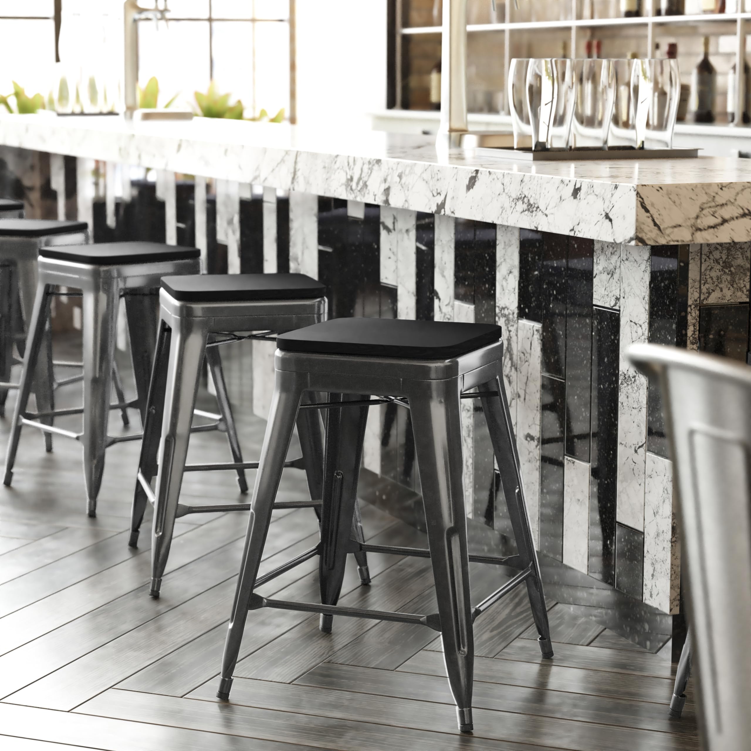 Flash Furniture Kai Commercial Grade Indoor-Outdoor Counter Height Stool - Black Metal Frame - Black Poly Resin Seat - 24' High - Backless