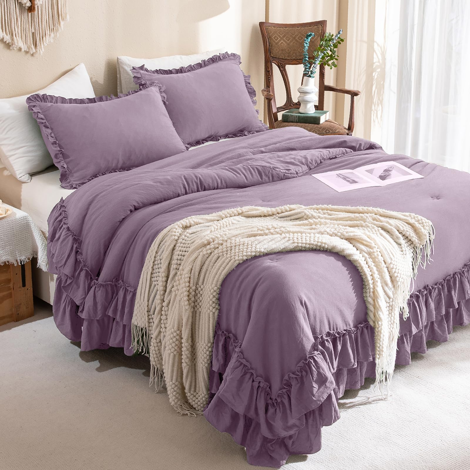 Masaca Farmhouse King Size Comforter Set,Shabby Boho Chic Bedding Grayish Purple Ruffled King Bed Comforter Vintage Rustic Beddi