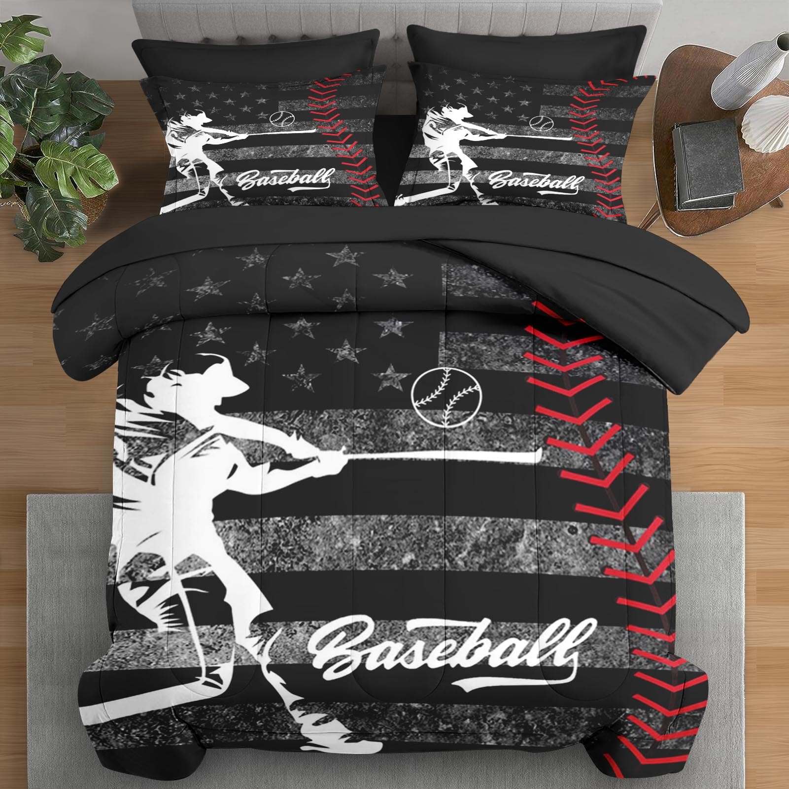 Pamnest 5 Pcs Comforter Set Twin Size, Baseball American Flag Bedding Set For Kids And Adults, America Athlete Sport Bed Sheet S