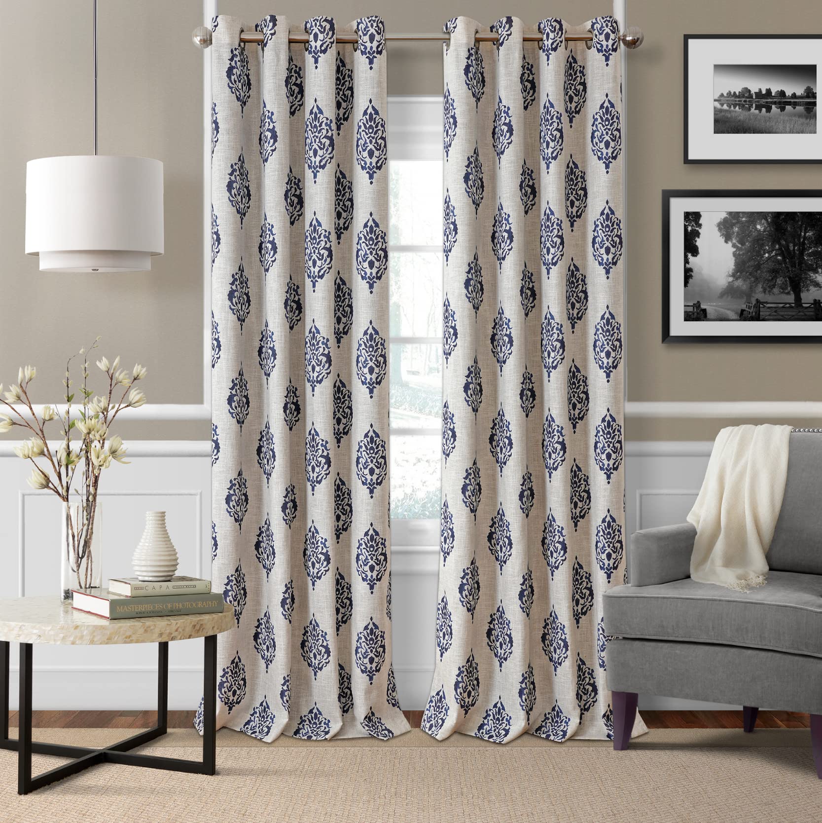 Elrene Home Fashions Navara Medallion Room-Darkening Window Curtain, Single Panel, 52'' x 95'' (1 Panel), Navy