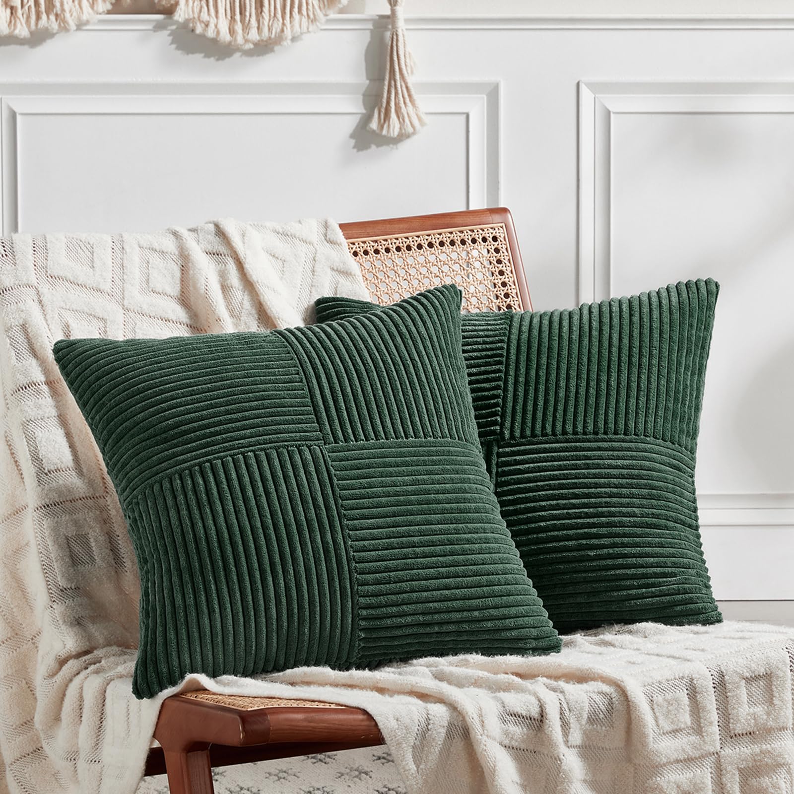 Fancy Homi Set Of 2 Dark Green Decorative Throw Pillow Covers 16X16 Inch For Living Room Couch Bed, Boho Farmhouse Forest Green