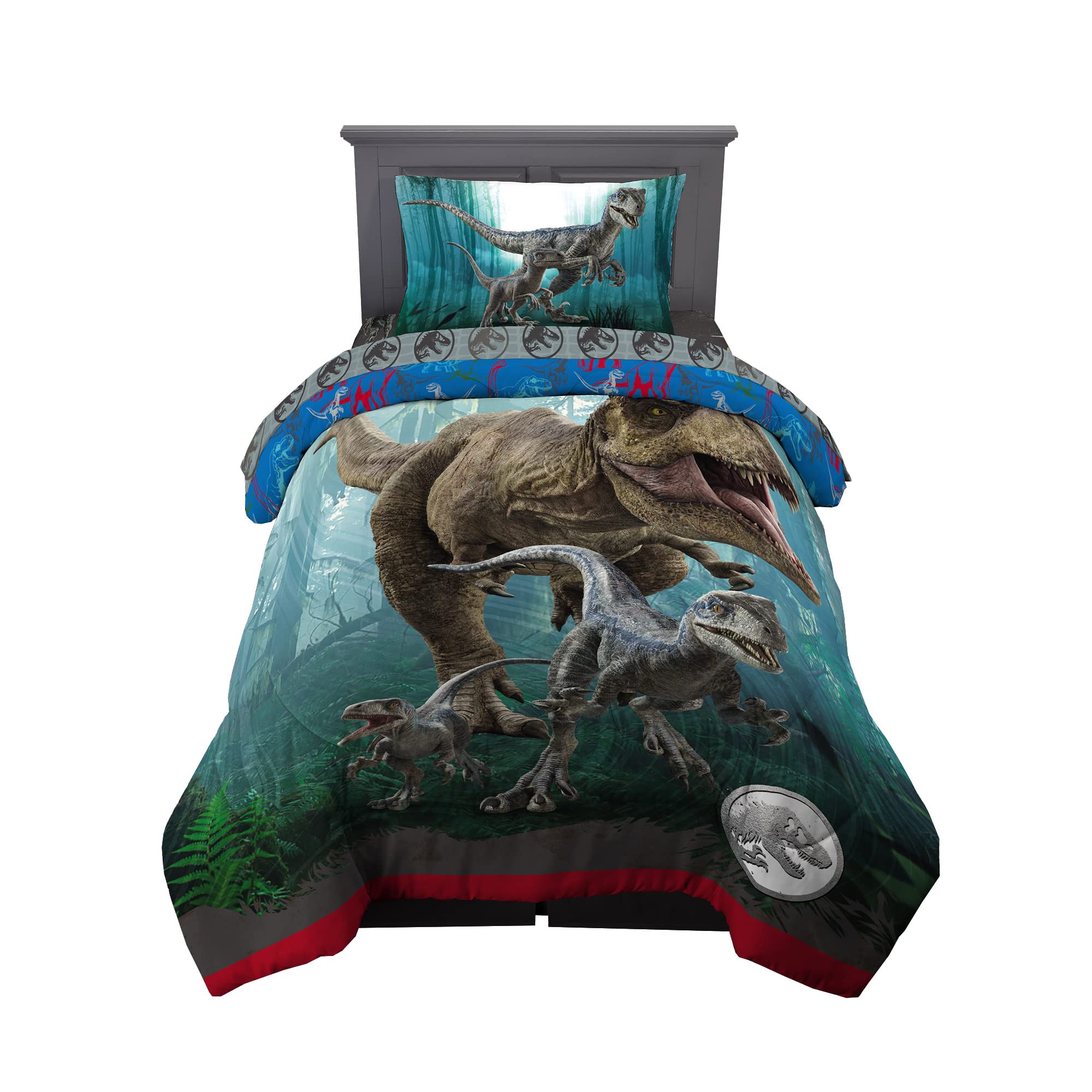 Jurassic World Dominion Blue Velociraptor And Rexy T-Rex Super Soft Microfiber Reversible Comforter, Twin Size, Bedding By Franc