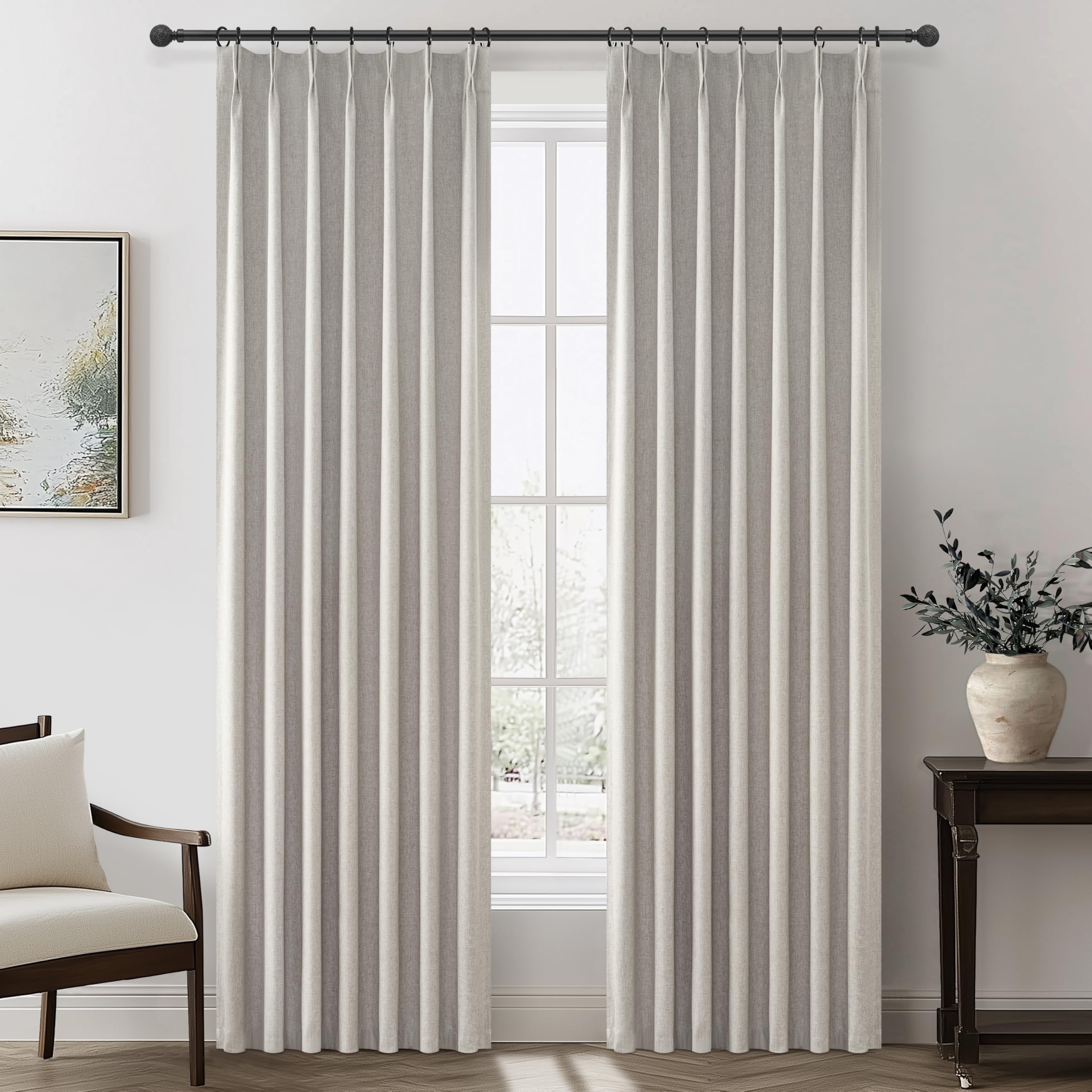 Natural Melange Pleat Room Darkening Curtains 84 Inch Length 2 Panels Set for Living Room, Linen Look Memory Trained Pinch Pleat