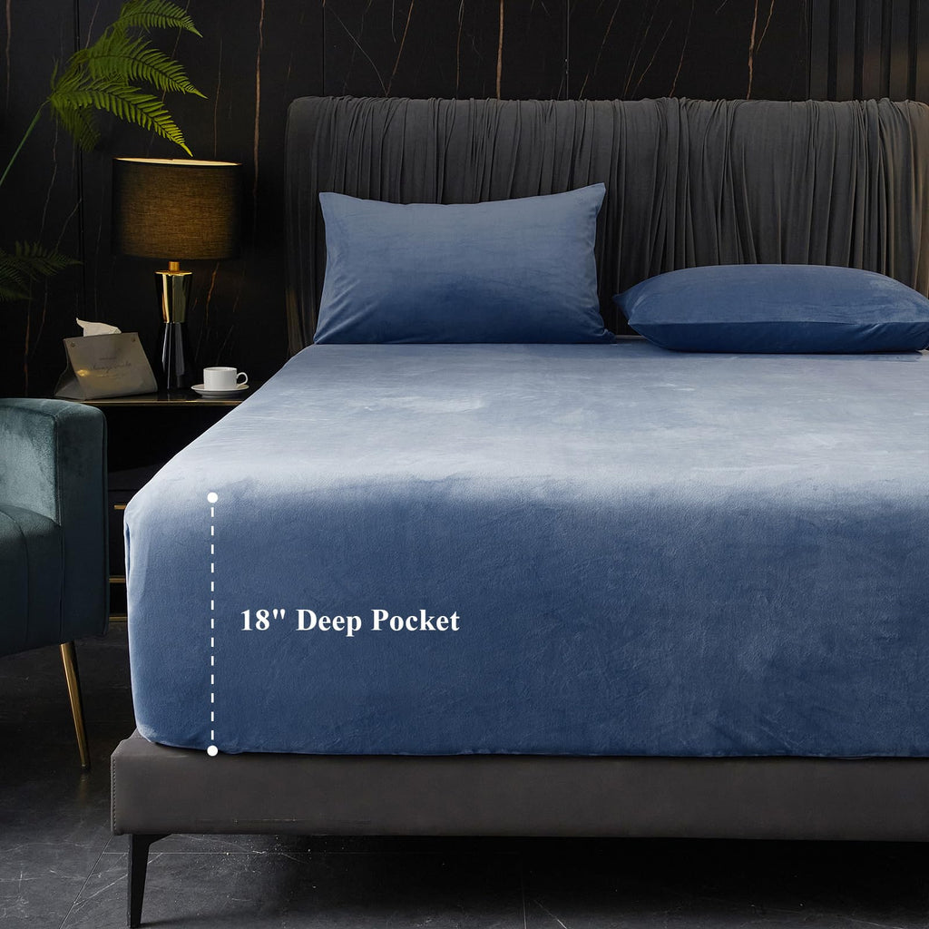 Ivellow Velvet Fitted Sheet King Size, 1 Pack Luxury Blue Velvet Sheets With 18    Extra Deep Pocket King Fitted Sheet Only Extr