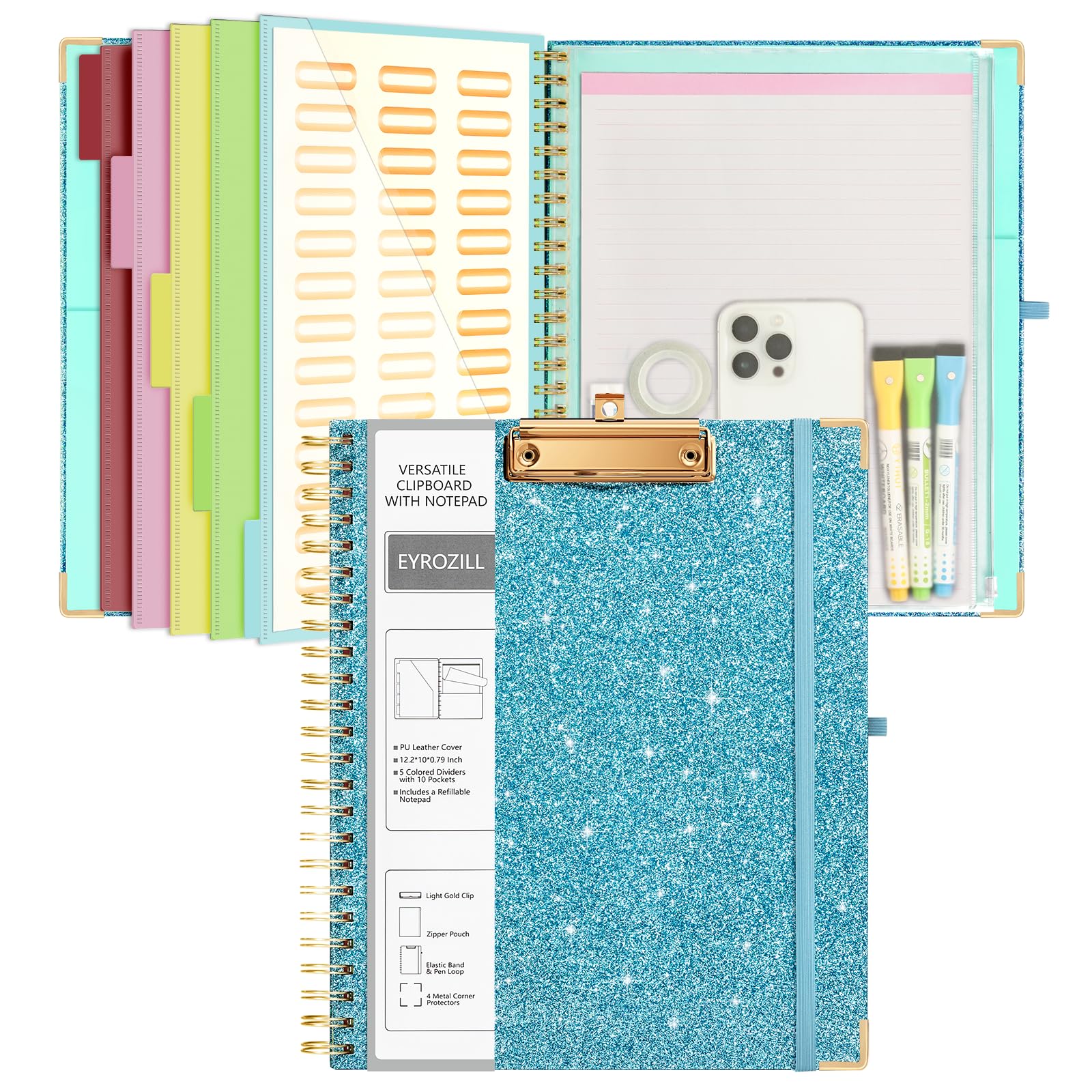 Eyrozill Clipboard Folio With Storage Pocket Refillable Lined Notepad Spiral Clipboards Blue