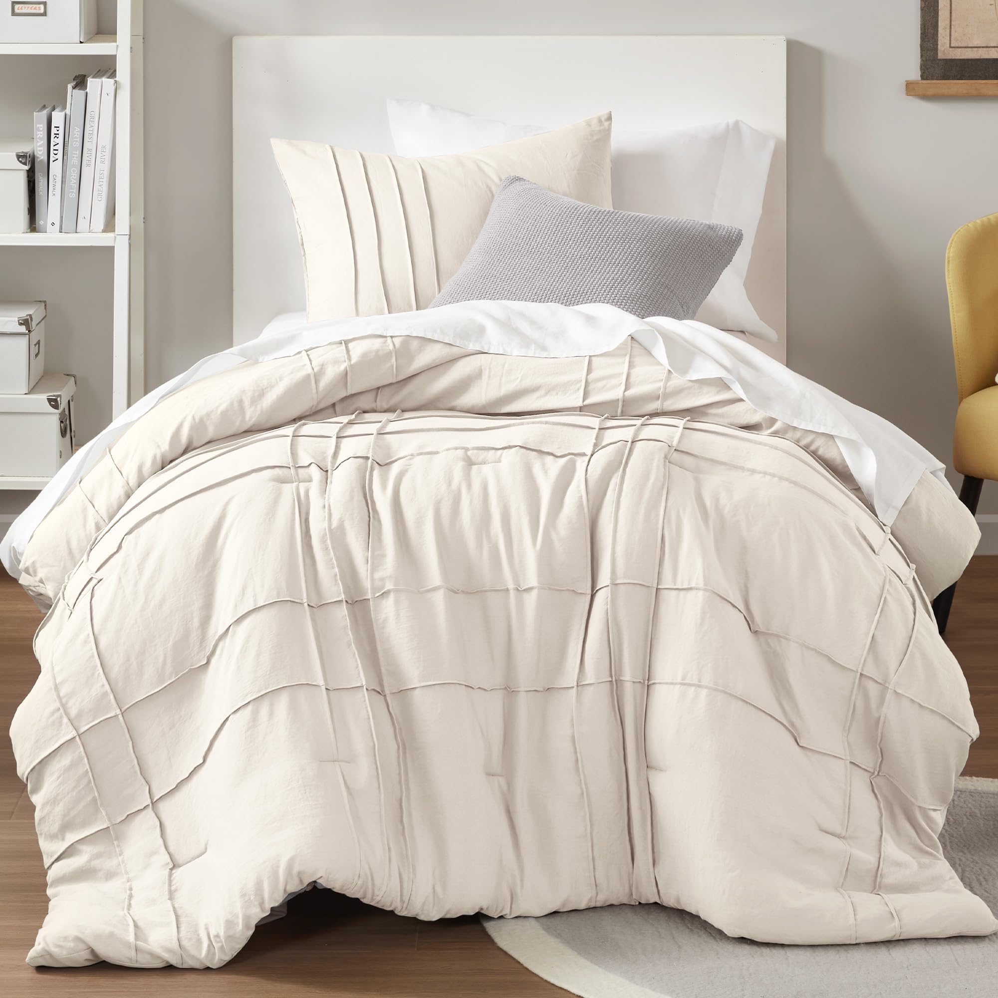 Comfort Spaces Cream Twin Size Comforter Set - 2 Pieces Pintuck Pleated Bedding Sets, All Season Lightweight, Extra Softness Pre