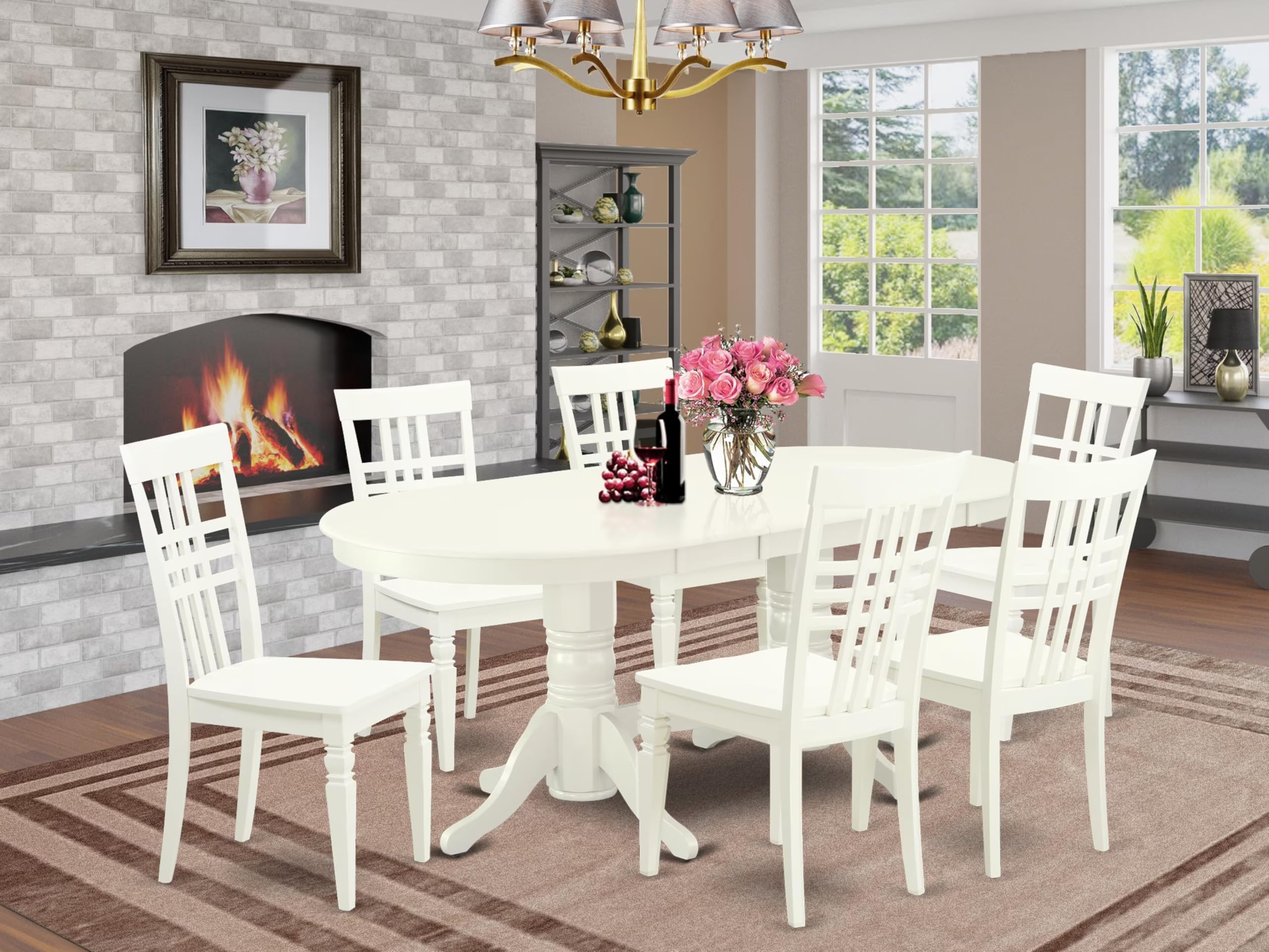 East West Furniture Valg7-Lwh-W 7 Piece Dining Table Set Consist Of An Oval Dinner Table With Butterfly Leaf And 6 Dining Room Chairs, 40X76 Inch, Linen White