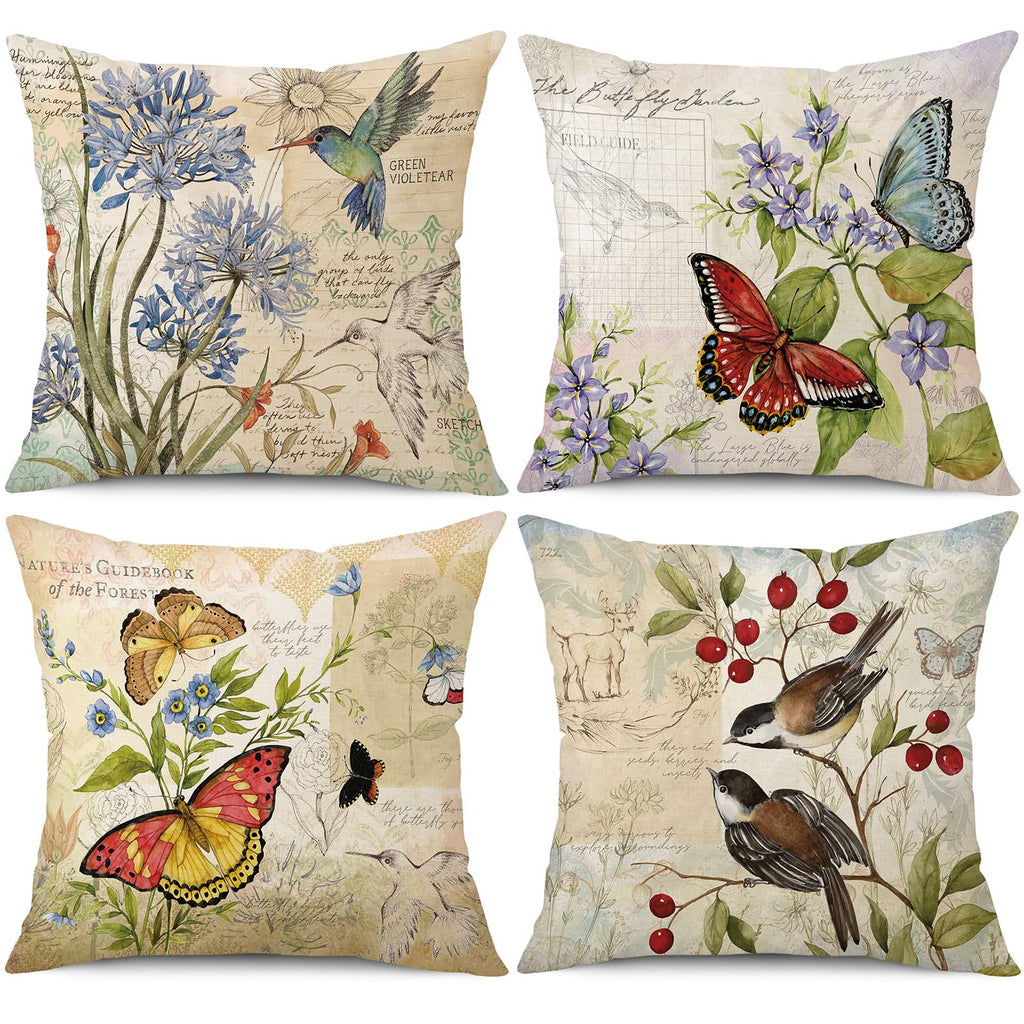 Wyooxoo Farmhouse Pillow Covers 16X16 Set Of 4 Spring Summer Throw Pillow Covers Linen Flower Butterfly Bird Decorative Pillowca