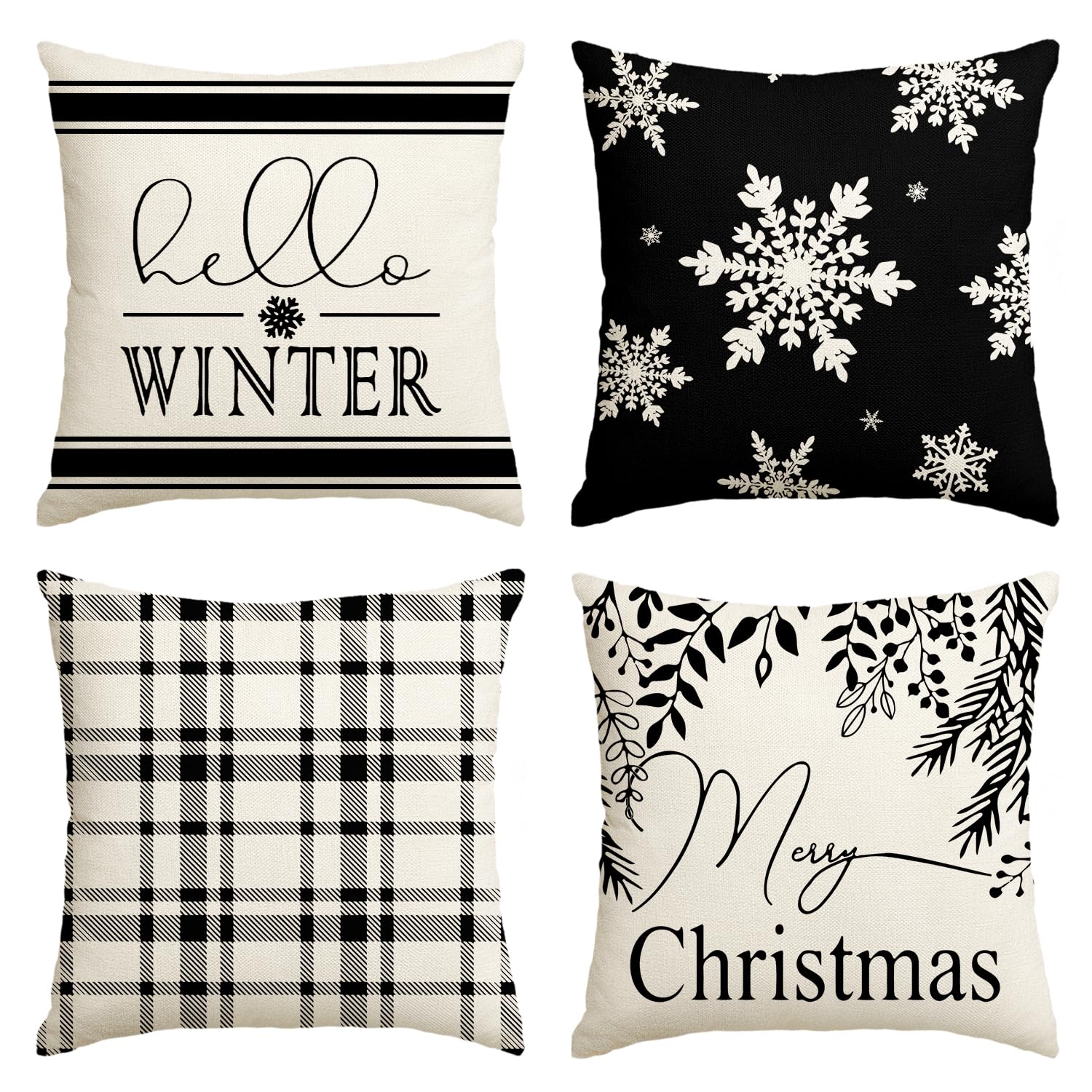 Avoin Colorlife Merry Christmas Hello Winter Buffalo Plaid Snowflake Throw Pillow Cover, 18 X 18 Inch Winter Holiday Cushion Cas
