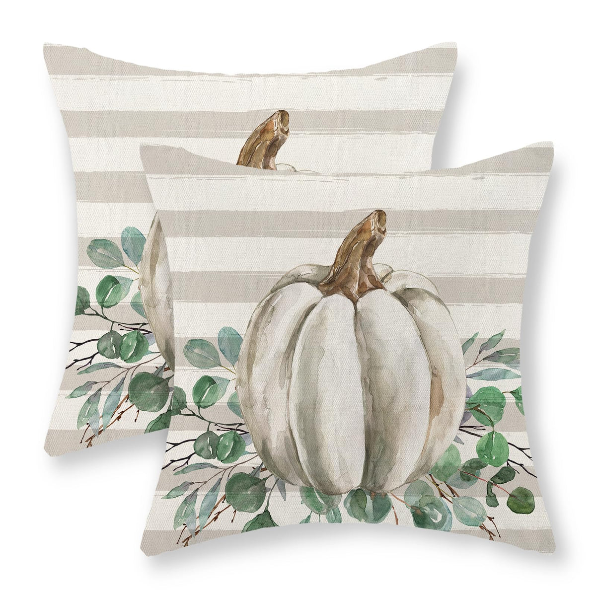 Gohdiwh Fall Pillow Covers 18X18 Set Of 2 Gray Stripes White Pumpkin Pillowcase Autumn Eucalyptus Leaf Decor Outdoor Throw Pillo