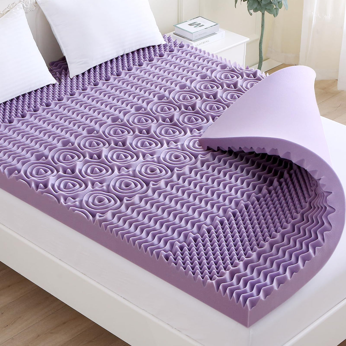 3.9 Inch 7-Zone California King Mattress Topper, Egg Crate Foam Mattress Topper Cal King Size For Back Pain, Lavender Cooling Ge