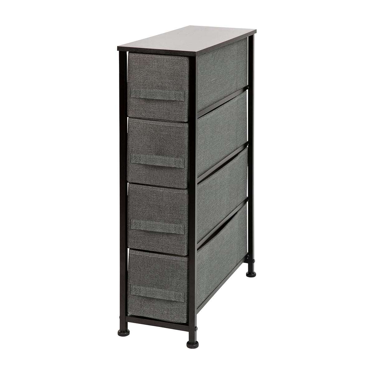 Flash Furniture Harris 4 Drawer Slim Wood Top Black Cast Iron Frame Dresser Storage Tower with Dark Gray Easy Pull Fabric Drawers