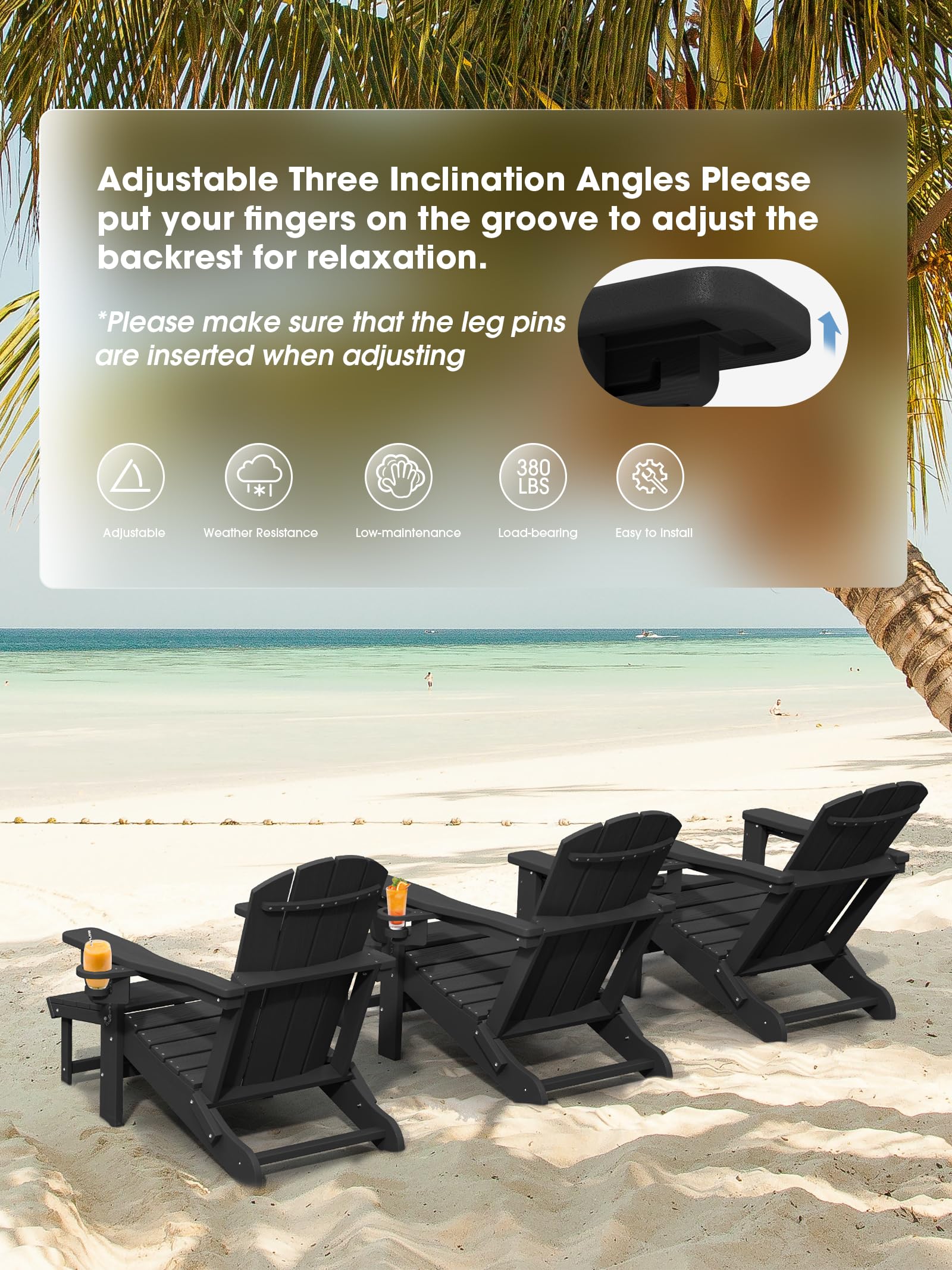 Kingyes Folding Adjustable Adirondack Chair With Retractable Ottoman, Black