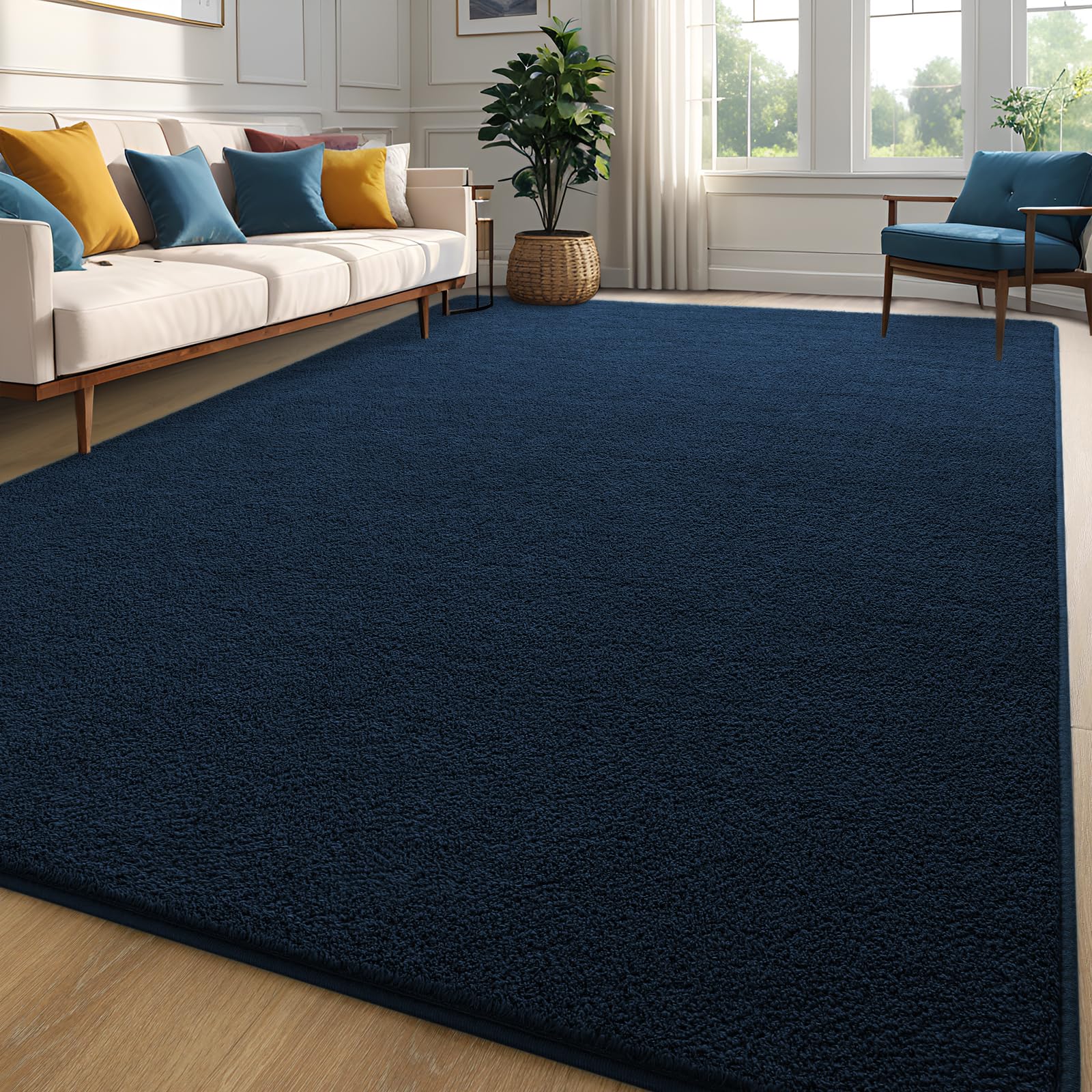 Zedrew Navy Blue Area Rugs Shag Carpets For Bedroom Living Room, 6X9 Feet Extra Large Thickened Memory-Foam Rug, Modern Washable