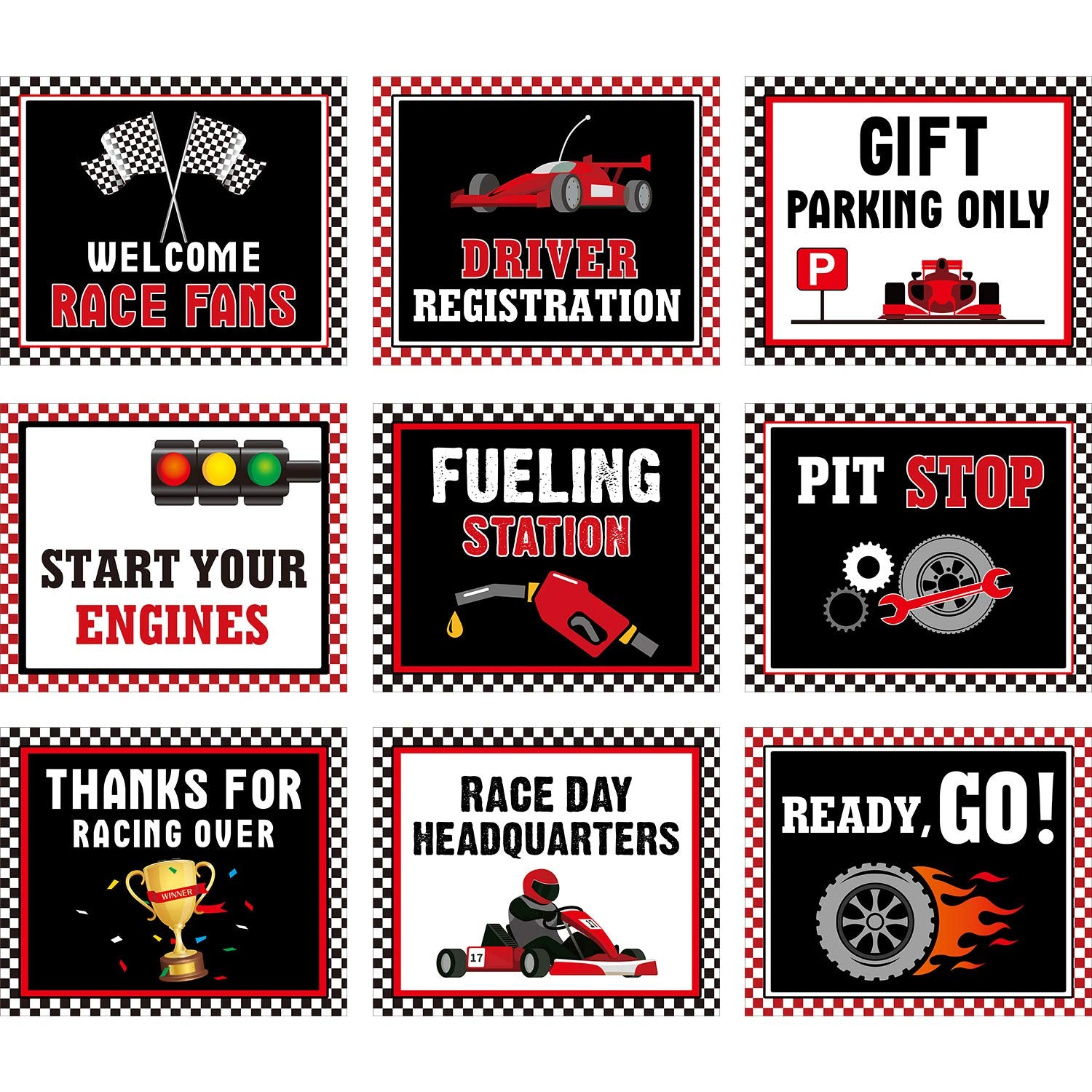 9 Pieces Racing Car Party Decorations, Race Sign Black Laminated Signs, Car Theme Party Signs, Race Car Birthday Party Supplies,