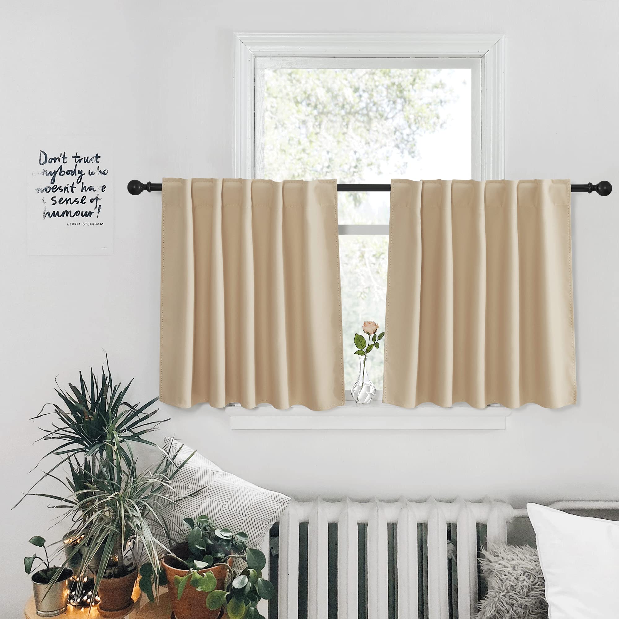 PONY DANCE Beige Blackout Curtains - Kitchen Window Drapes Short Heavy-Duty Soft Rod Pocket Curtain Draperies/Window Treatments 