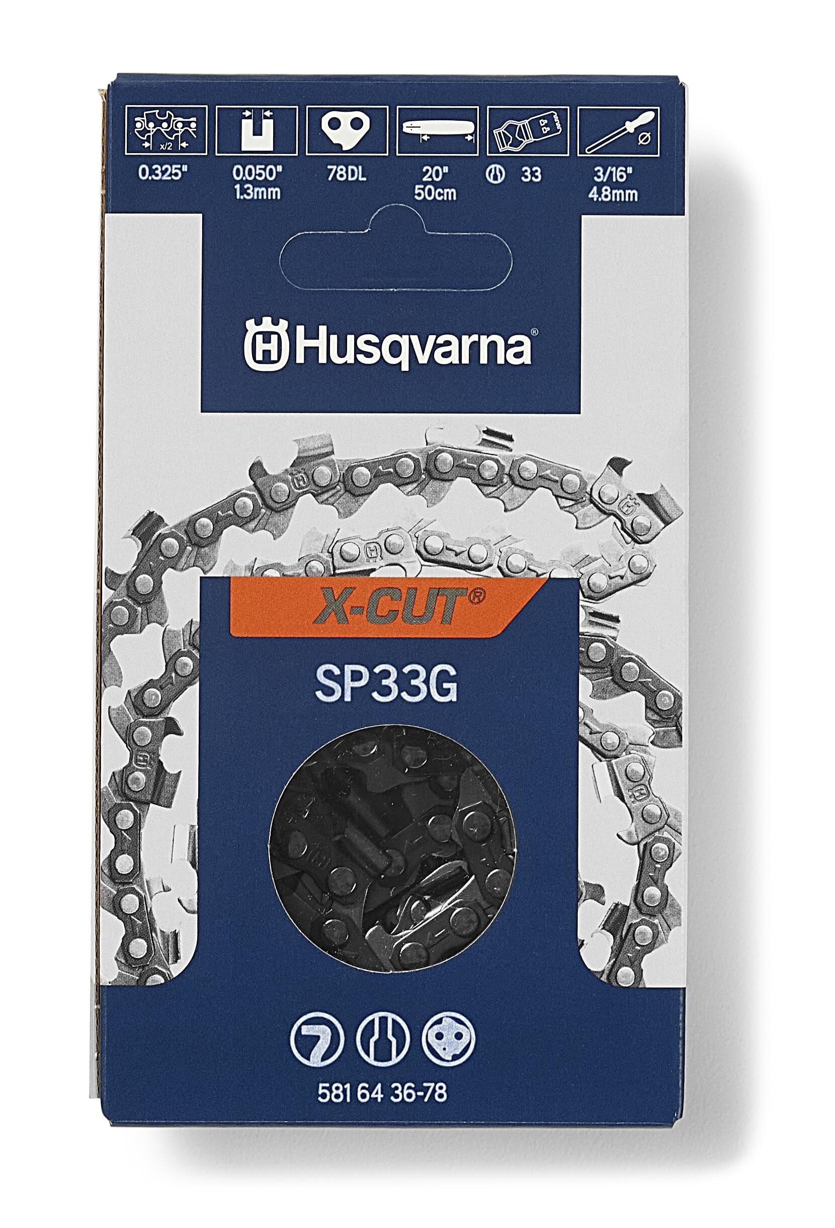 Husqvarna X-Cut Sp33G 20 Inch Chainsaw Chain, .325' Pitch, .050' Gauge, 78 Drive Links, Pre-Stretched Chainsaw Blade Replaceme
