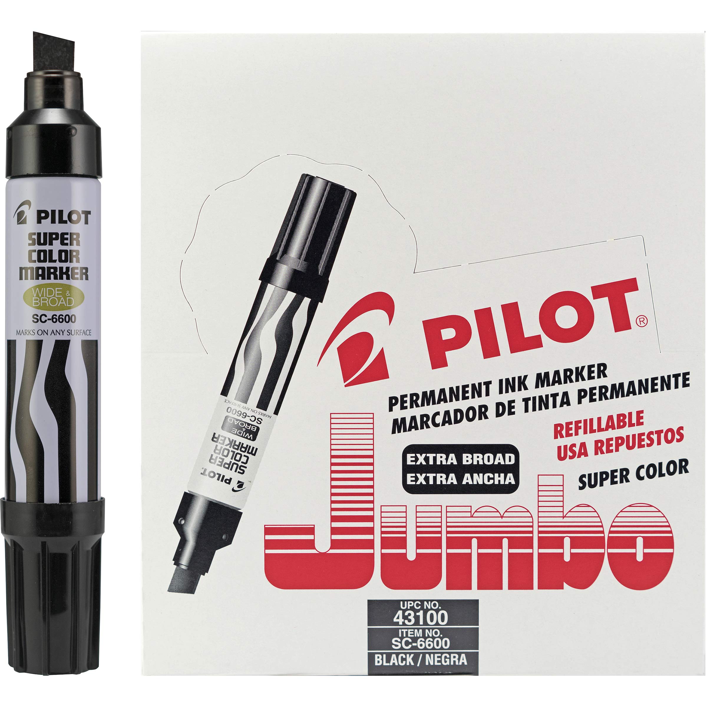 Pilot Super Color Jumbo Refillable Permanent Markers, Black Ink, Extra-Wide Chisel Point, 12-Pack (43100)
