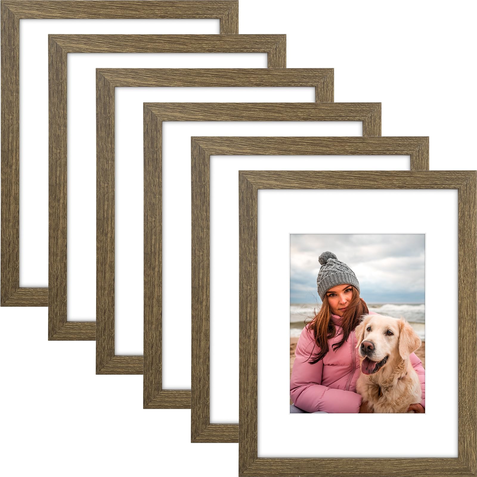 AUEAR, 9x12 Picture Frames Set of 6, with Mat for 6x8 or 9x12 without Mat, Composite Wood Gallery Photo Frames with Plexiglass, 