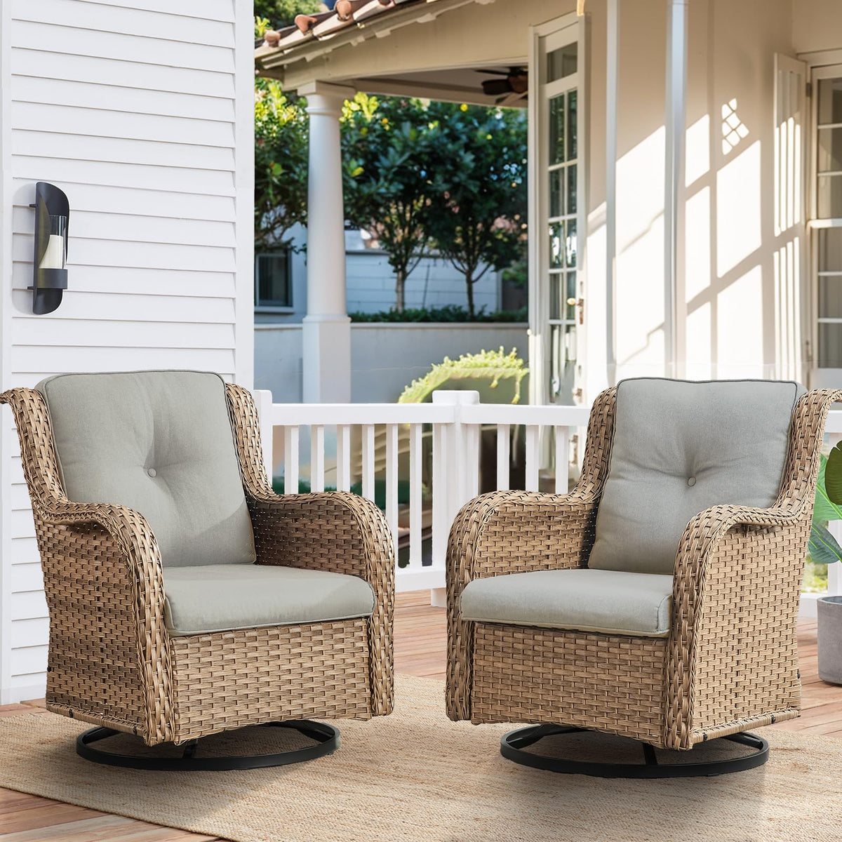 Hummuh Outdoor Swivel Rocker Pe Wicker Patio Chairs Set Of 2, Rattan Rocking Chair Furniture Set (Yellow,Beige)