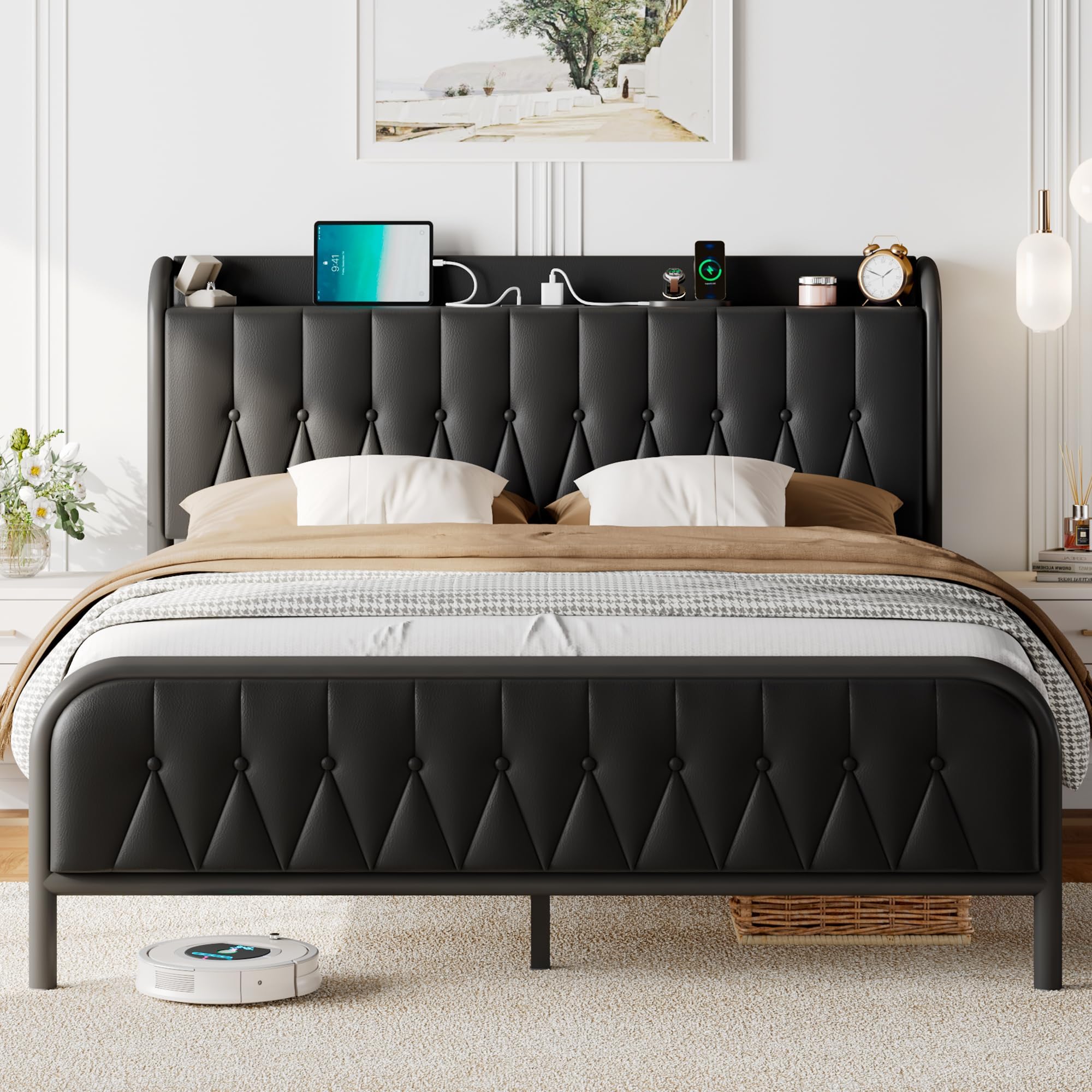 Underb Leather Full Size Bed Frame with Fast Charging Station,Full Metal Plat ...