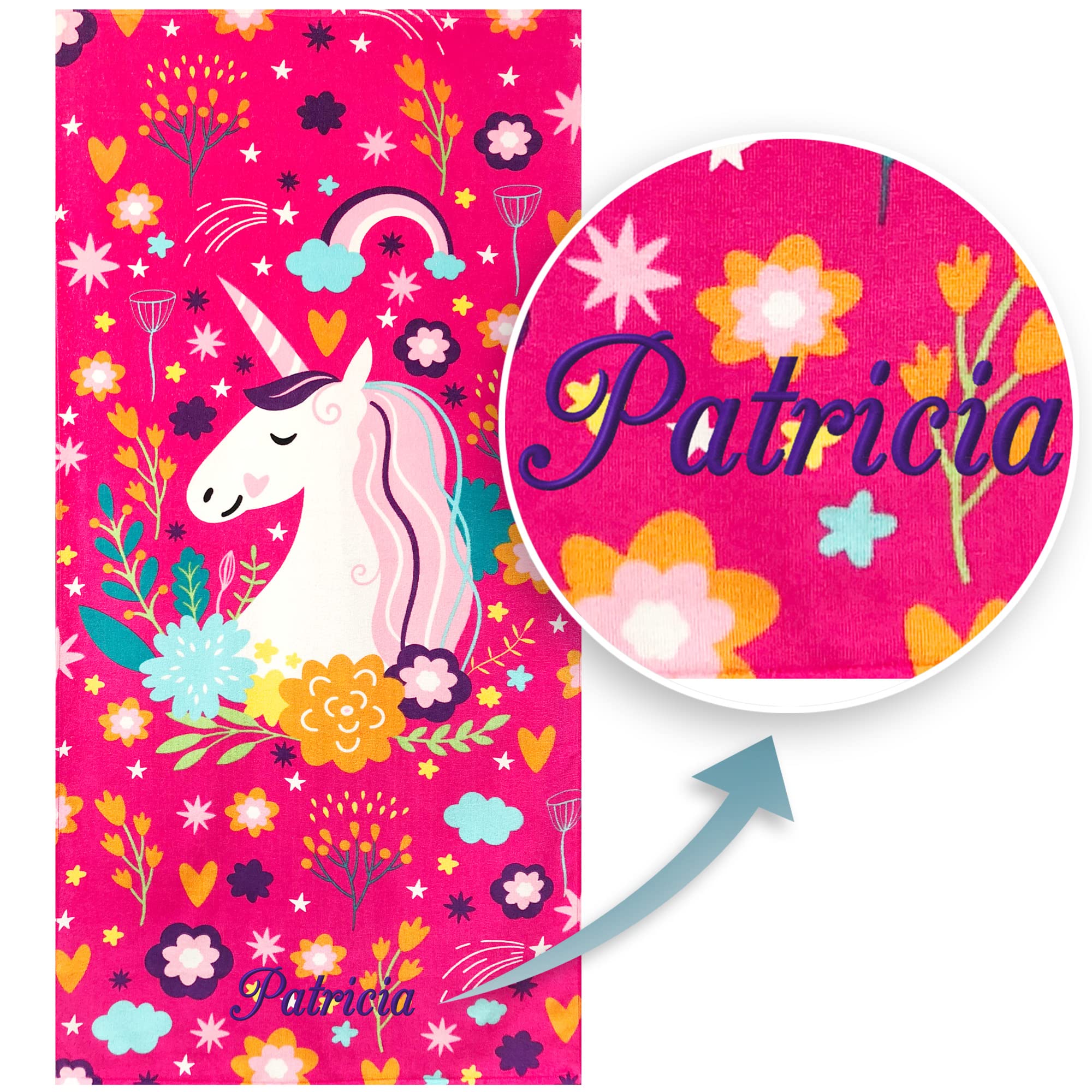 Softerry Love Unicorn Custom Beach Towel Pink Fantasy Rainbow 30 x 60 inches 100% Cotton Velour (One Personalized Towel)