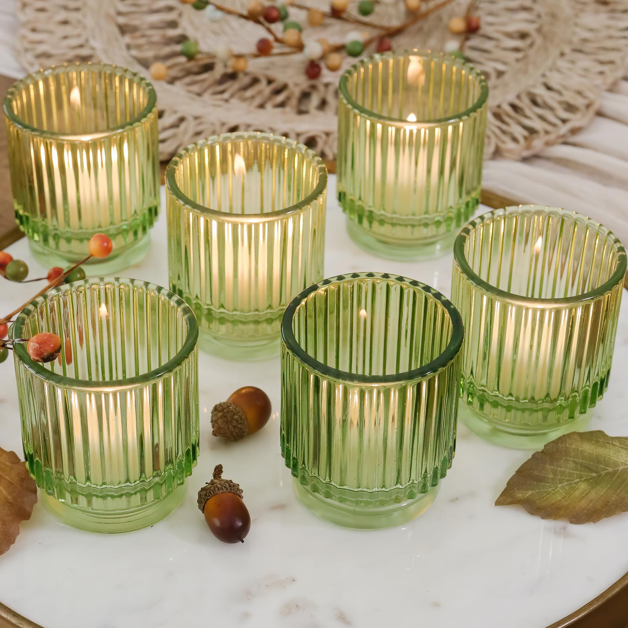 Vintage Green Ribbed Glass Tealight Votive Candle Holders by Kate Aspen (Set of 6), Fall Decor, Boho Decor, Shelf Decoration | P