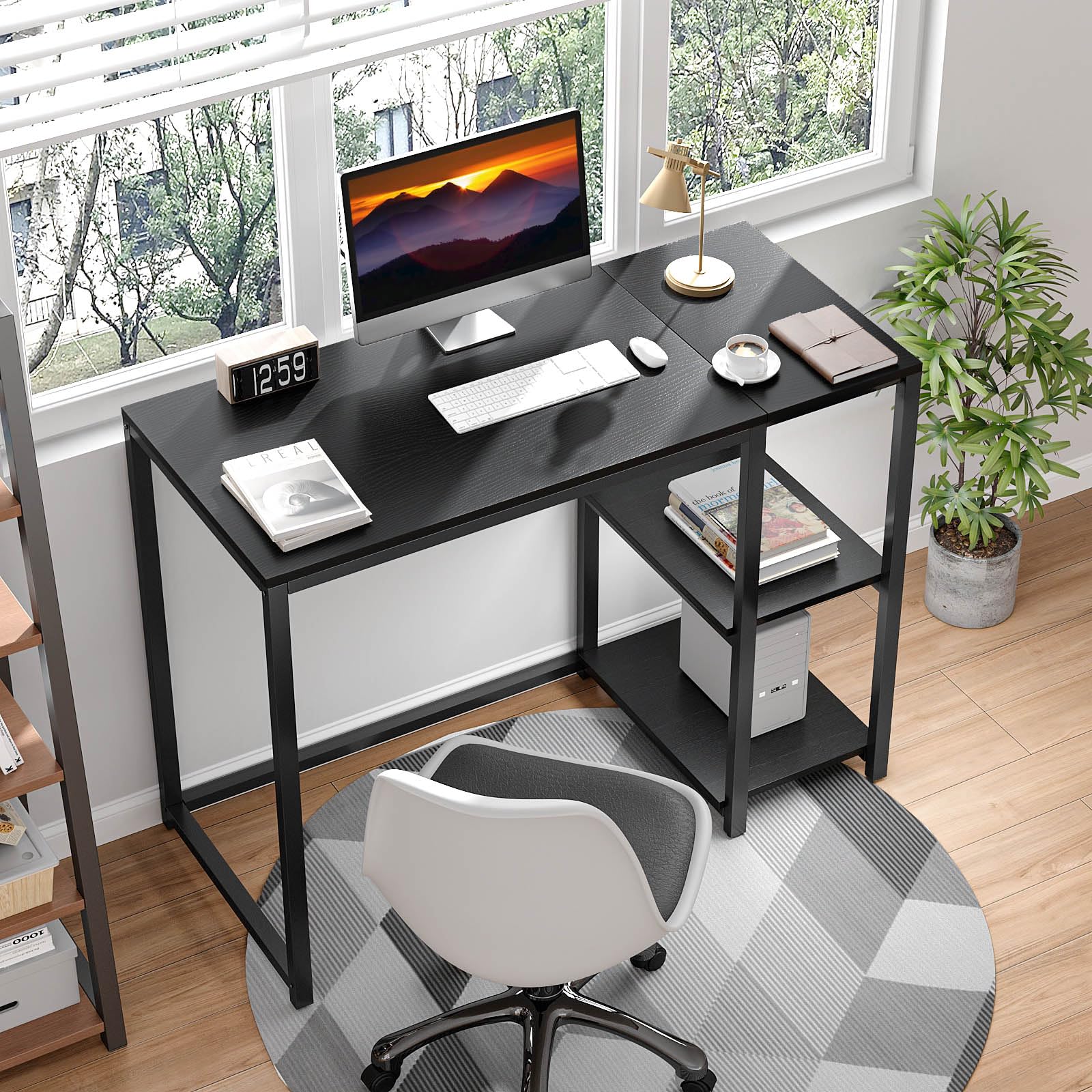 Sinpaid Computer Desk 47 Inches With 2-Tier Shelves Sturdy Home Office Desk With Large Storage Space Modern Gaming Desk Study Writing Laptop Table, Black Desk