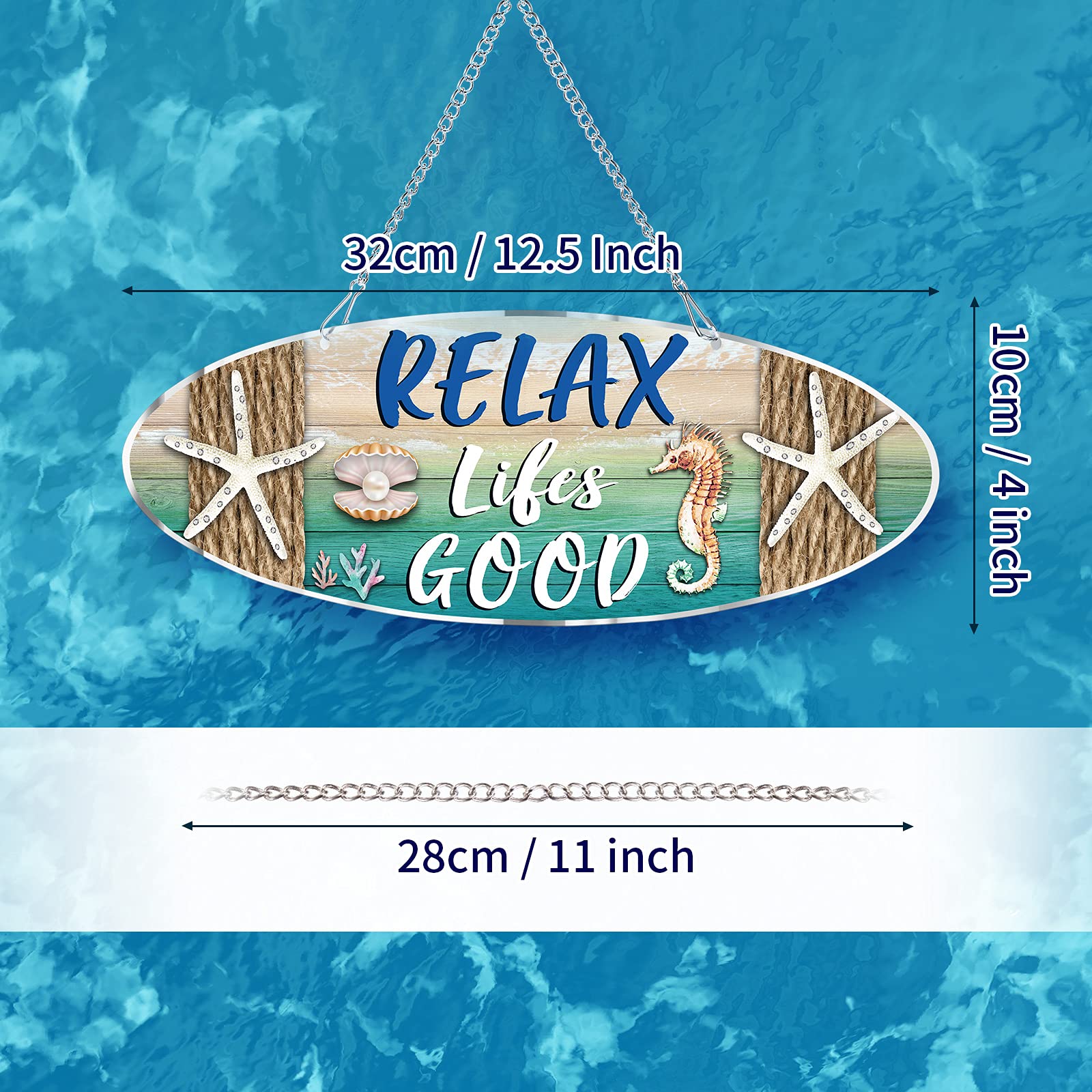 Hanging Beach Sign D  Cor, Starfish Wall D  Cor, Beach Plaque For Door With Sea Horse And Scallop, 12 X 4 Inch