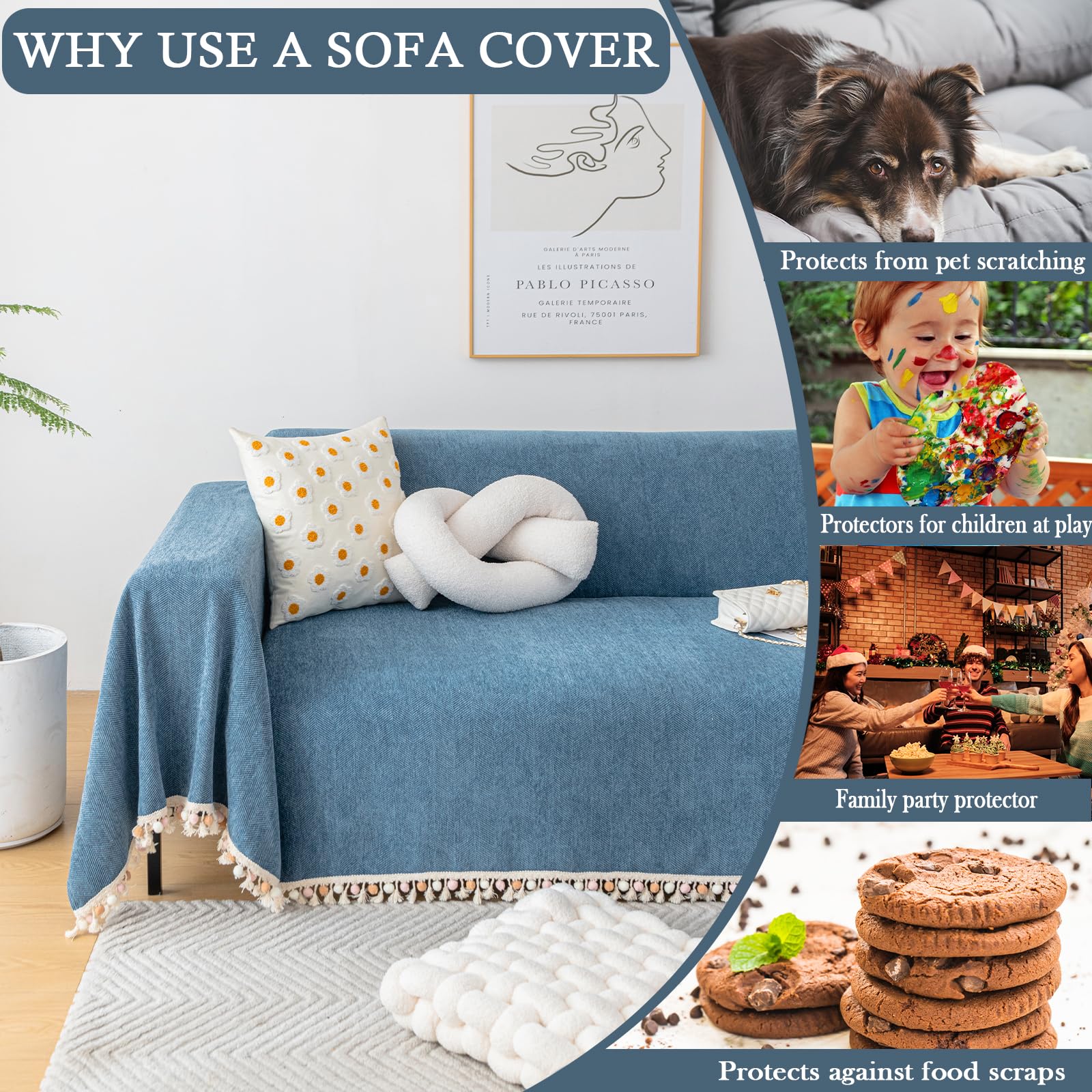 Handontime Couch Slipcover Dog Sofa Covers Boho Couch Cover For Dogs Blue Sofa Throw Cover Bohemian Sofa Covers For 3 Cushion Couch Herringbone Sectional Couch Cover Slipcovers For Sofas, 71' X118'