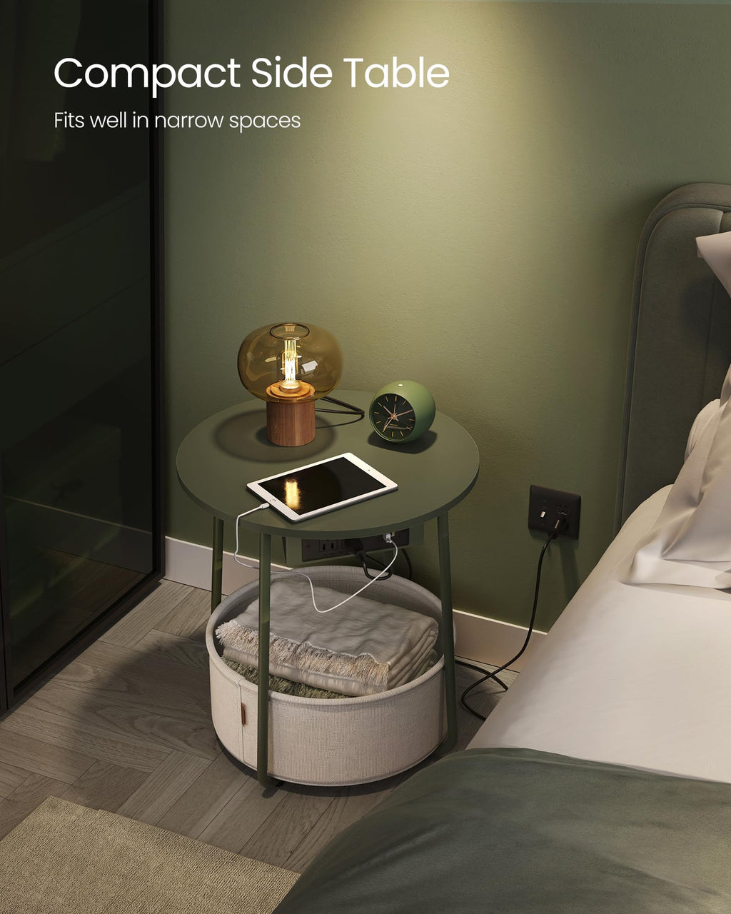 Vasagle Side Table With Charging Station, Round End Table With Fabric Basket, Nightstand With Power Outlets Usb Ports, For Living Room, Bedroom, Modern, Forest Green And Cream White Ulet228C04