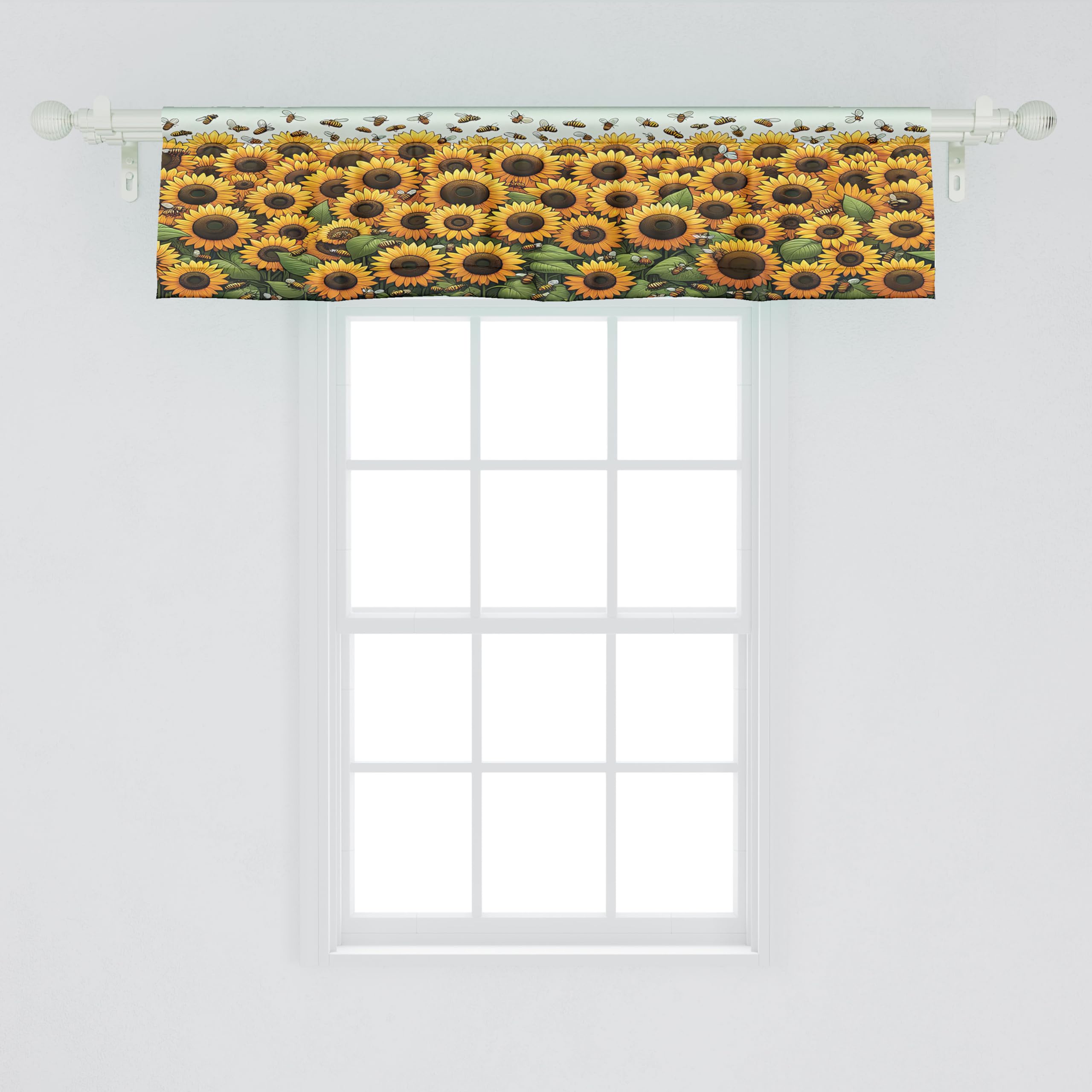 Ambesonne Sunflowers Window Valance Pack Of 2, Summertime Inspired Farmhouse Floral Huddle With Leaves And Bees Print, Rod Pocket Curtain Valances Kitchen Bedroom, 54' X 12',Mustard Reseda Green