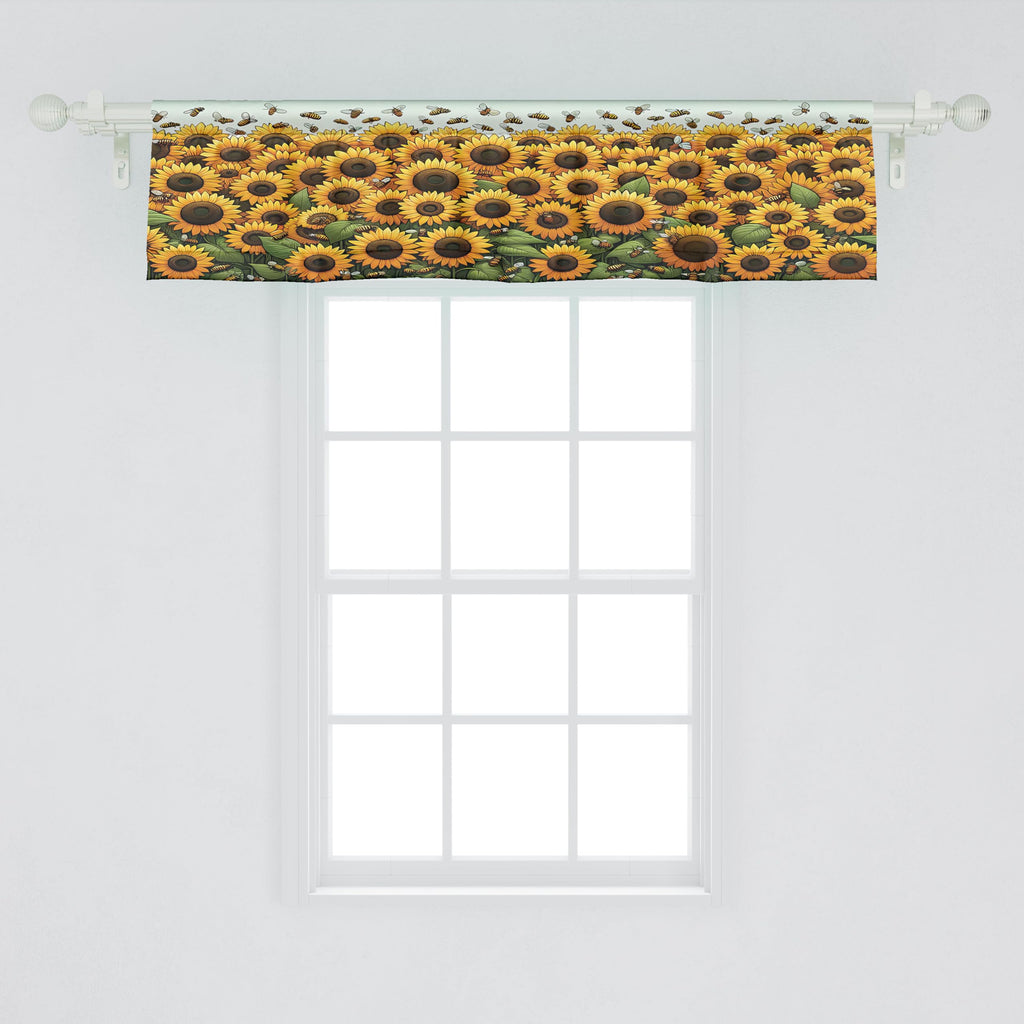 Ambesonne Sunflowers Window Valance Pack Of 2, Summertime Inspired Farmhouse Floral Huddle With Leaves And Bees Print, Rod Pocket Curtain Valances Kitchen Bedroom, 54' X 12',Mustard Reseda Green