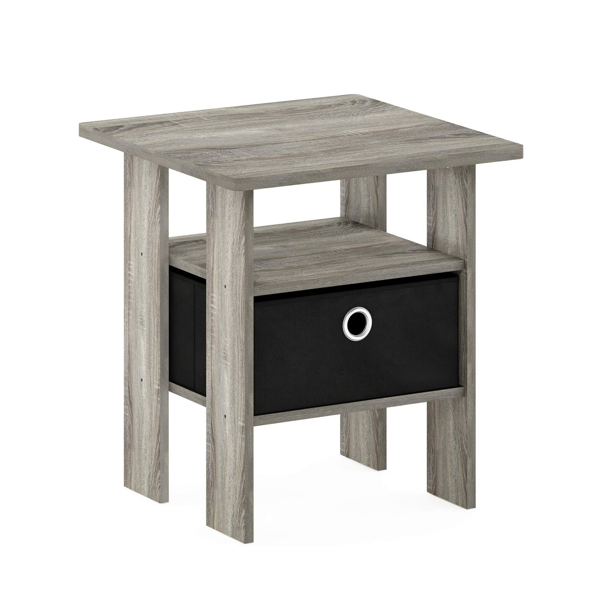 Furinno Andrey End Table / Side Table / Night Stand / Bedside Table With Bin Drawer, French Oak Grey/Black