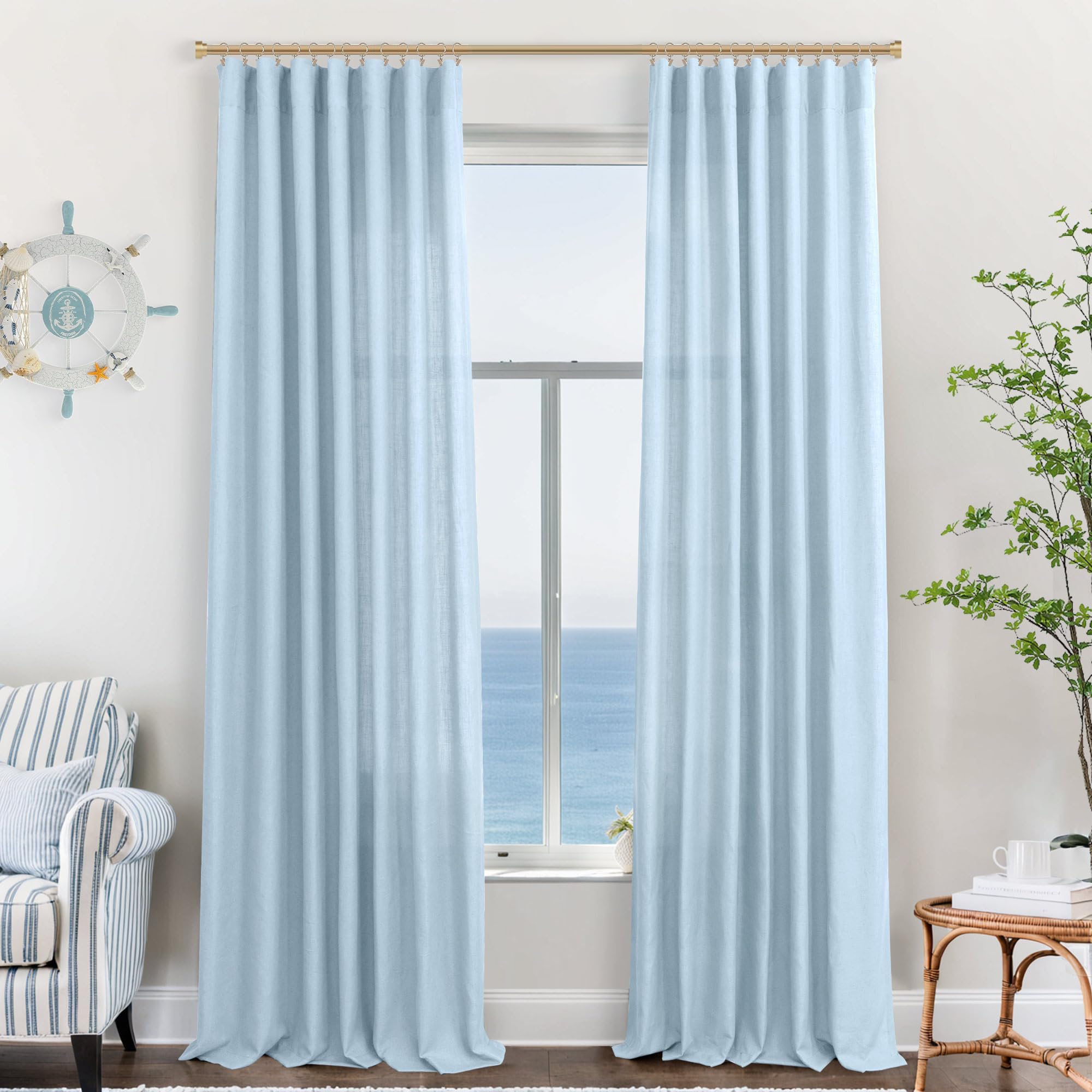 Koufall Blue Curtains 96 Inches Long For Living Room Girls Bedroom Set 2 Panels,Rod Pocket Light Blue Linen Semi Sheer Curtains 96 Inch Length For Kids Room,Baby Sky Blue