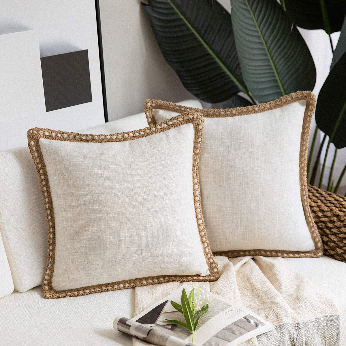 Phantoscope Pack Of 2 Farmhouse Decorative Solid Throw Decorative Pillow Cover Burlap Linen Trimmed Tailored Edges Off White 20