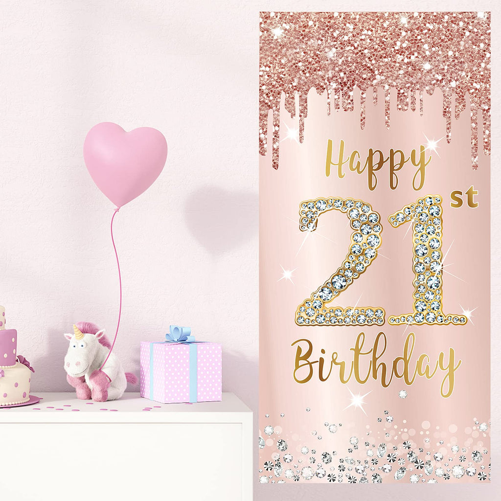 Happy 21St Birthday Door Banner Backdrop Decorations For Women, Pink Rose Gold 21 Birthday Party Door Cover Sign Supplies, 21 Ye