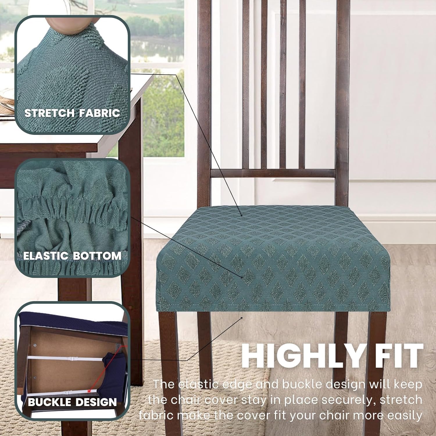Searchi Stretch Dining Chair Seat Covers Set Of 6, Soft Removable Washable Seat Covers For Dining Chairs, Dining Room Seat Cover Slipcover Protector (Rear-Covered, Diamond Aegean Teal)