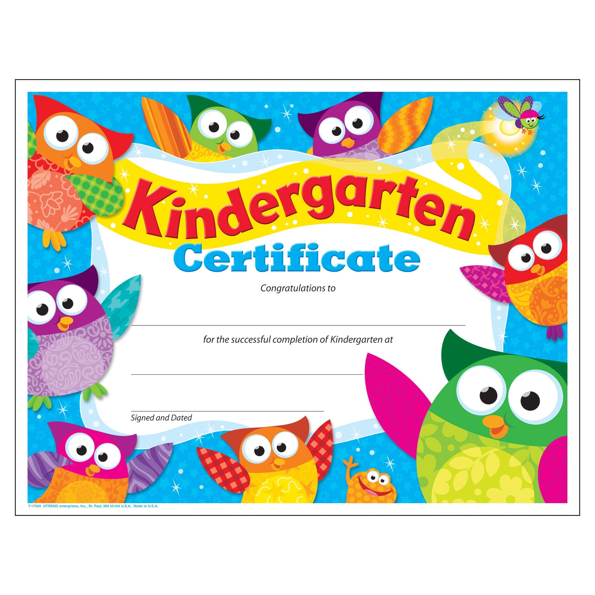 Trend Kindergarten Certificate Owl-Stars!, Pk-K Certificates & Diplomas, 8.5' X 11', 30 Count