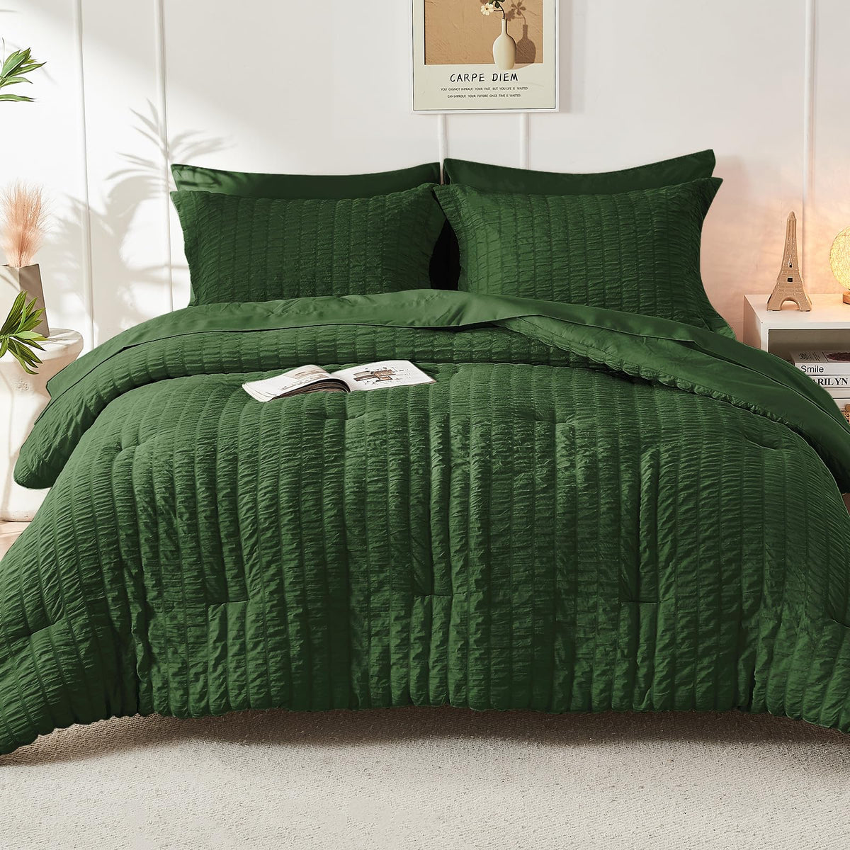 Hymokege Seersucker Queen Comforter Set 3 Pieces, Lightweight Bedding Sets For All Seasons With 1 Soft Down Alternative Comforte