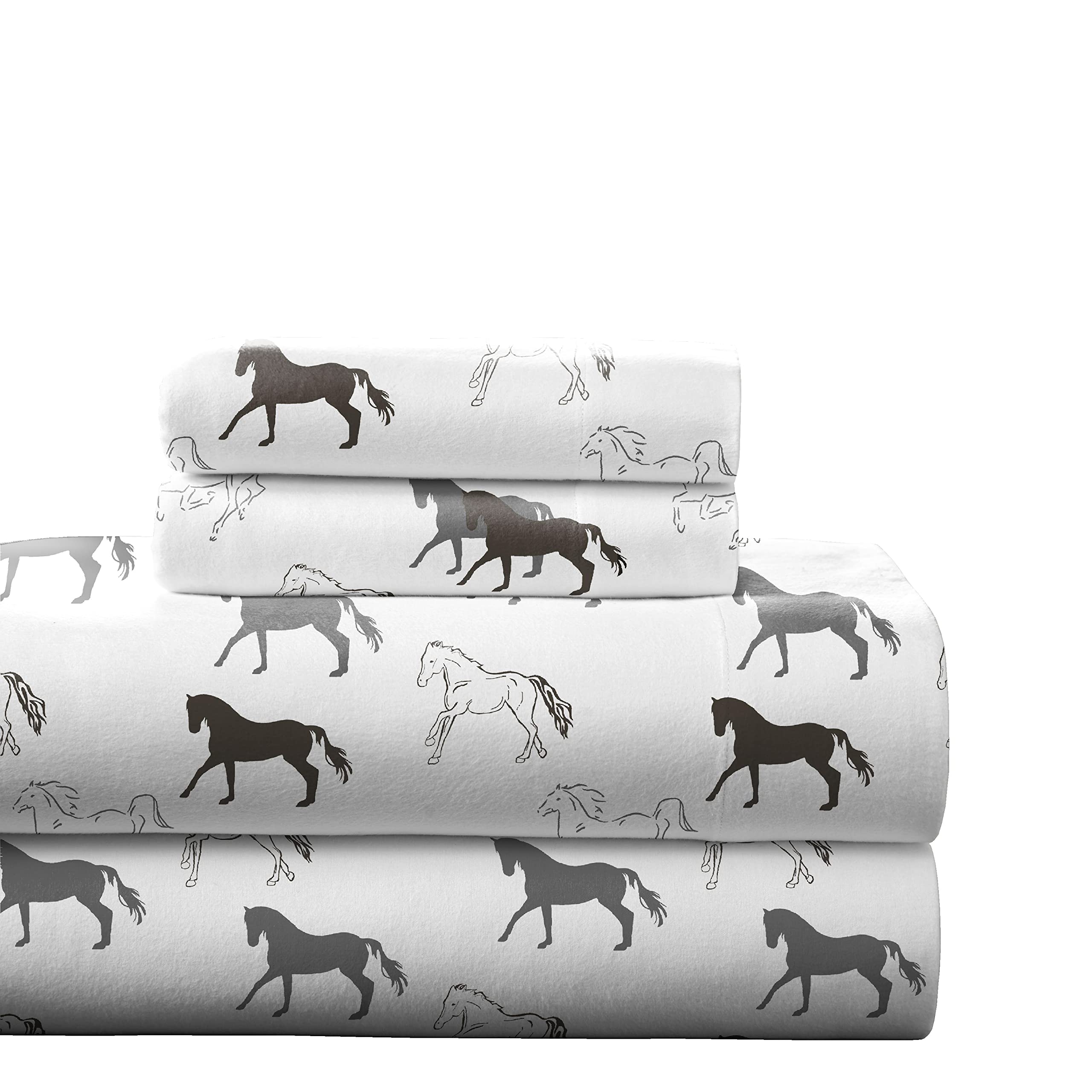 Pointehaven 180 Gsm 100% Cotton Flannel Sheet Set - King Stallions Grey - Warm & Cozy - Pre-Shrunk -Deep Pockets - Elastic All A