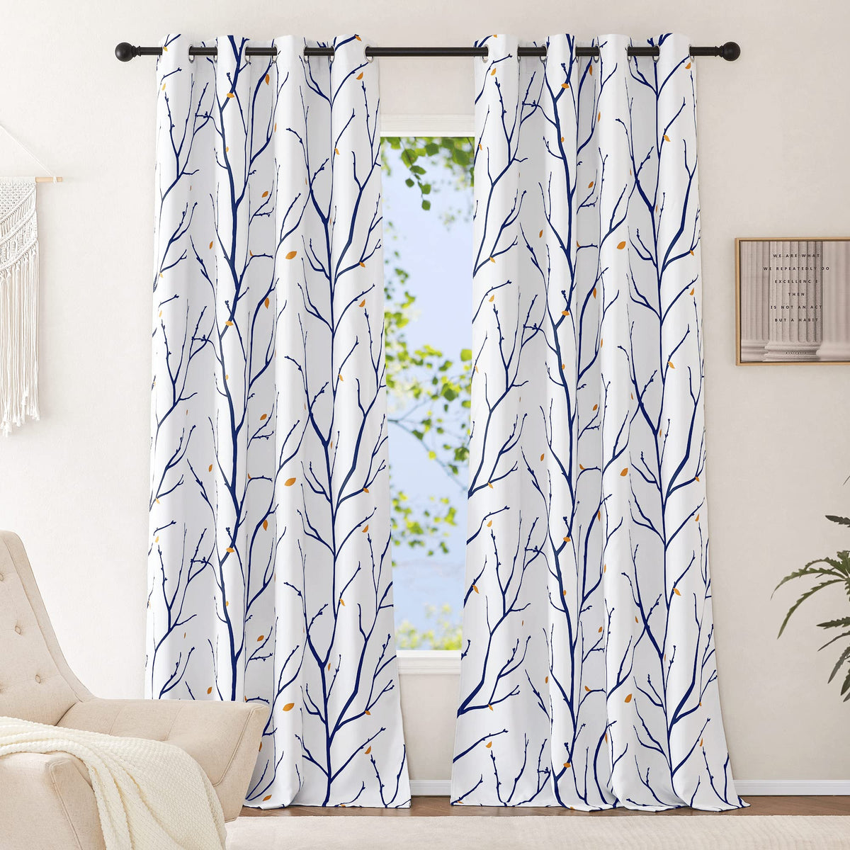 Nicetown Abstract Branch Curtains Extra Long 95' L, Grommet Top Room Darkening Window Drapes Elegant Petal Rain White Window Tr