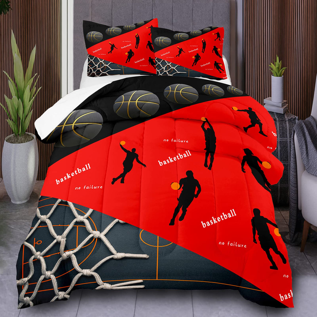 Mwmwmw Basketball Sports Comforter For Teen Boys, Red And Black Comforter Set Full, Soft Microfiber Kids Bedding Set, Basketball