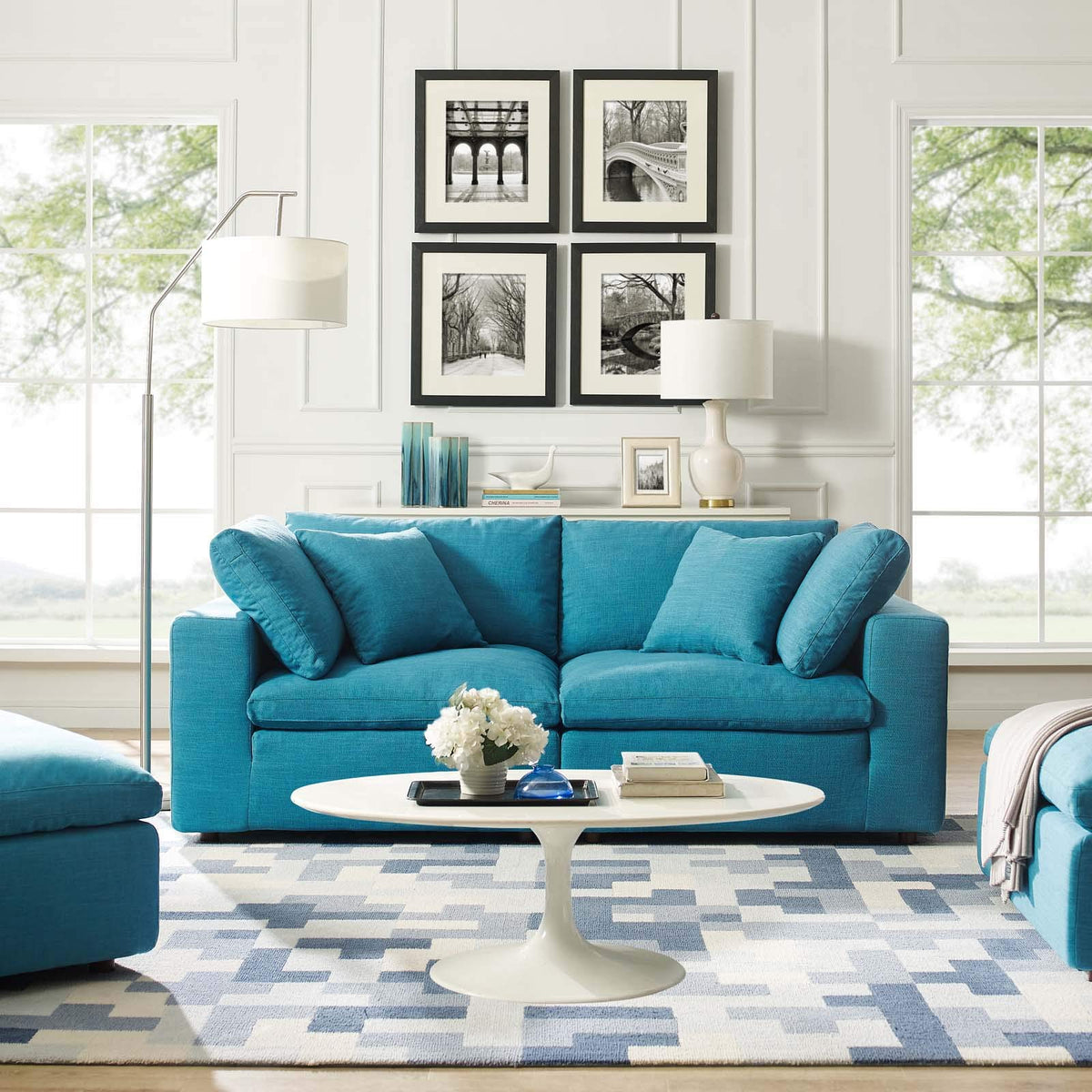 Modway Commix Down Down Filled Overstuffed 2 Piece Sectional Sofa Set, Two Corner Chairs, Teal