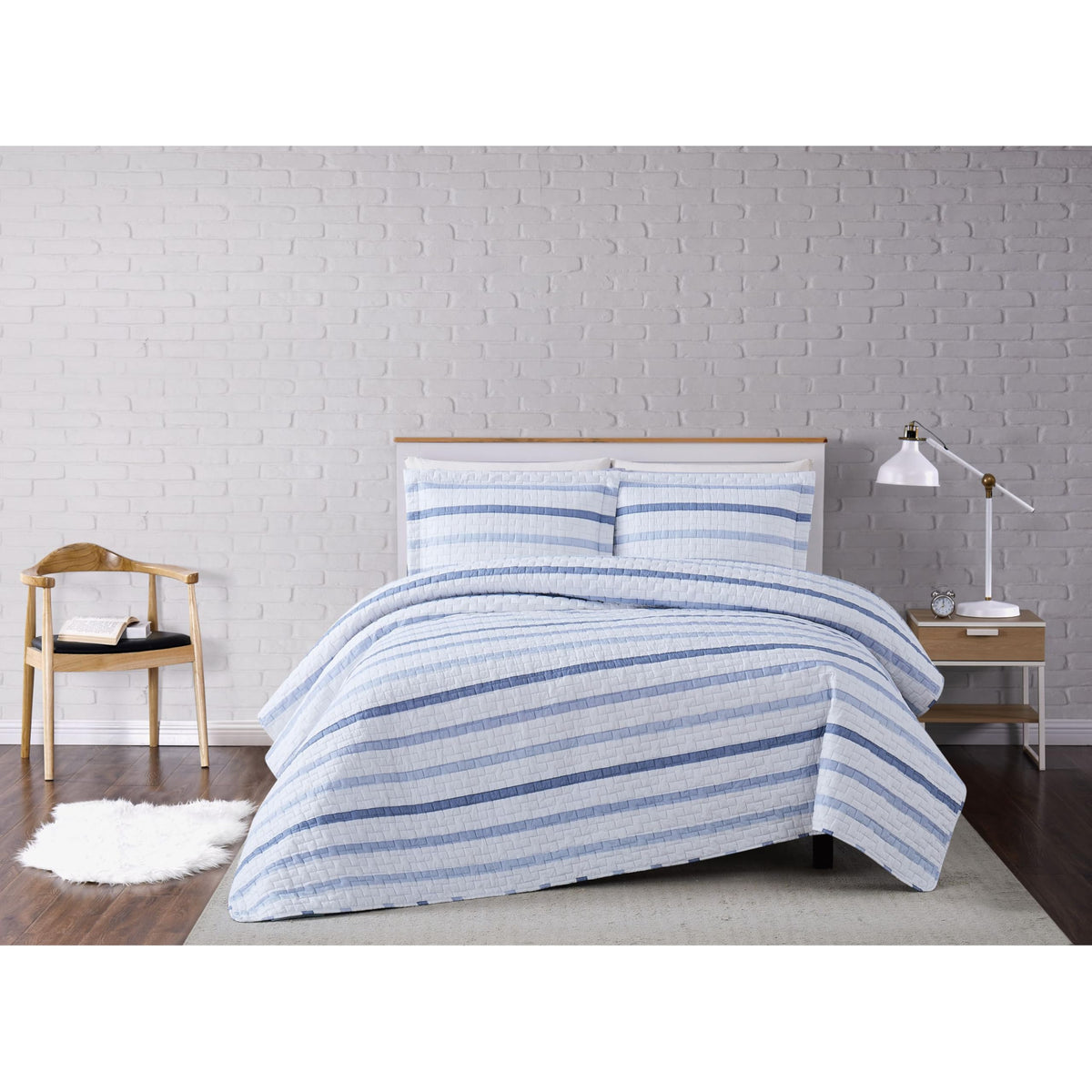 Truly Soft Waffle Stripe White And Blue Polyester 3-Piece Full/Queen Quilt Set, Stripe Themed, For Men And Women, Oeko-Tex Certi
